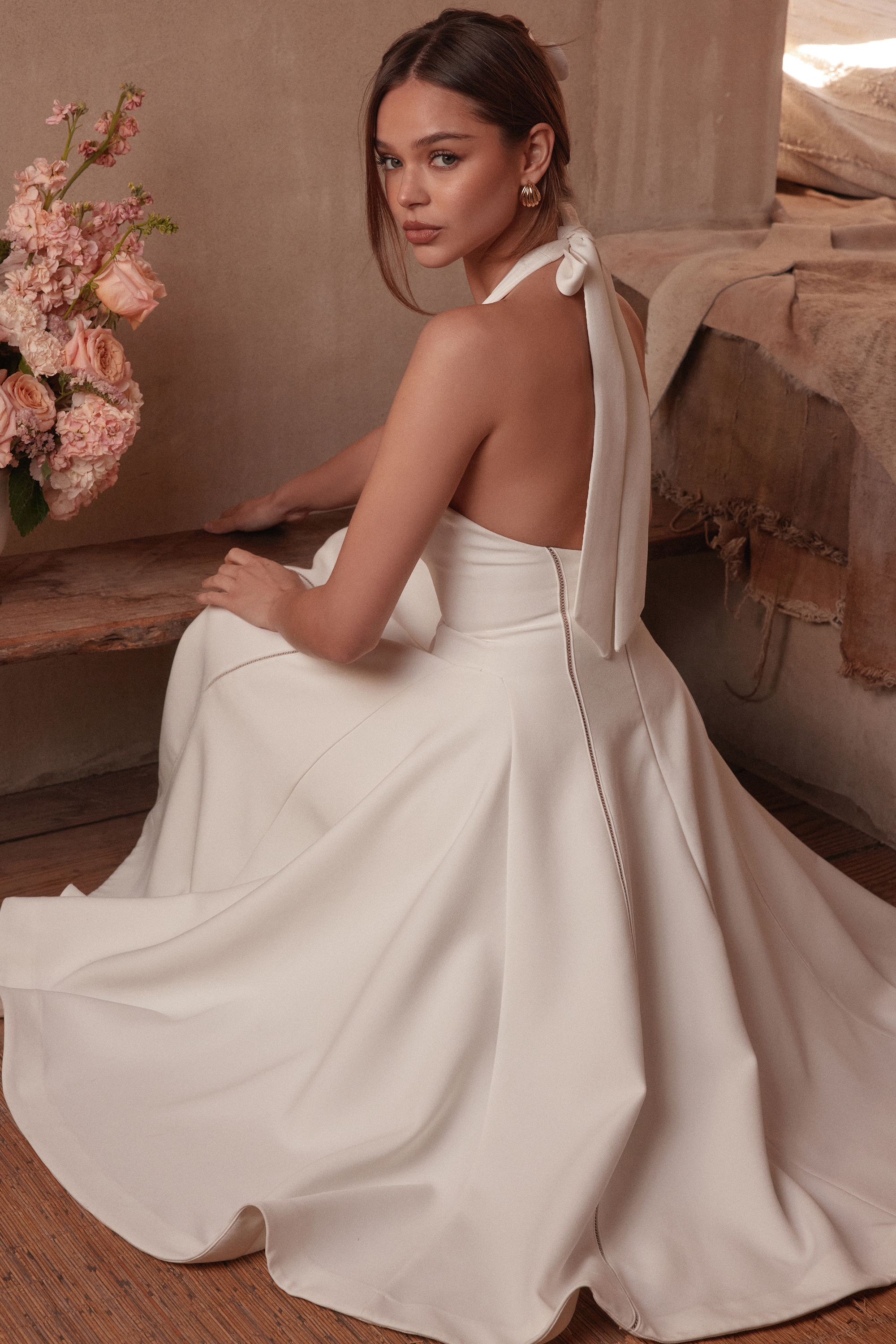 ivory halter neck midi dress