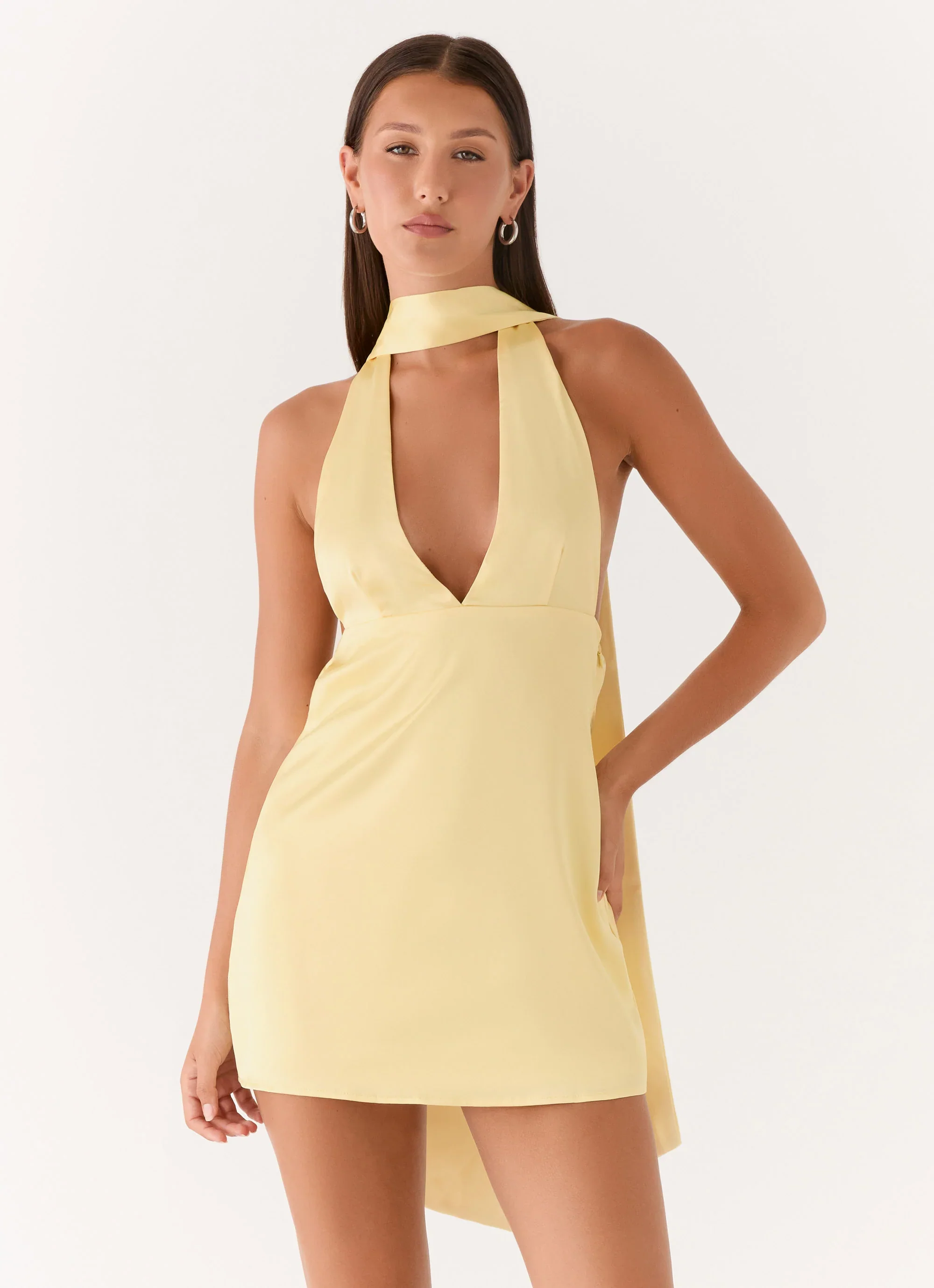 Alicia Satin Halter Mini Dress - Pastel Yellow