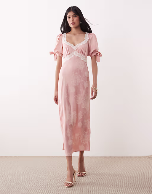 Hope & Ivy satin jacquard lace trim tie sleeve midi dress in pink
