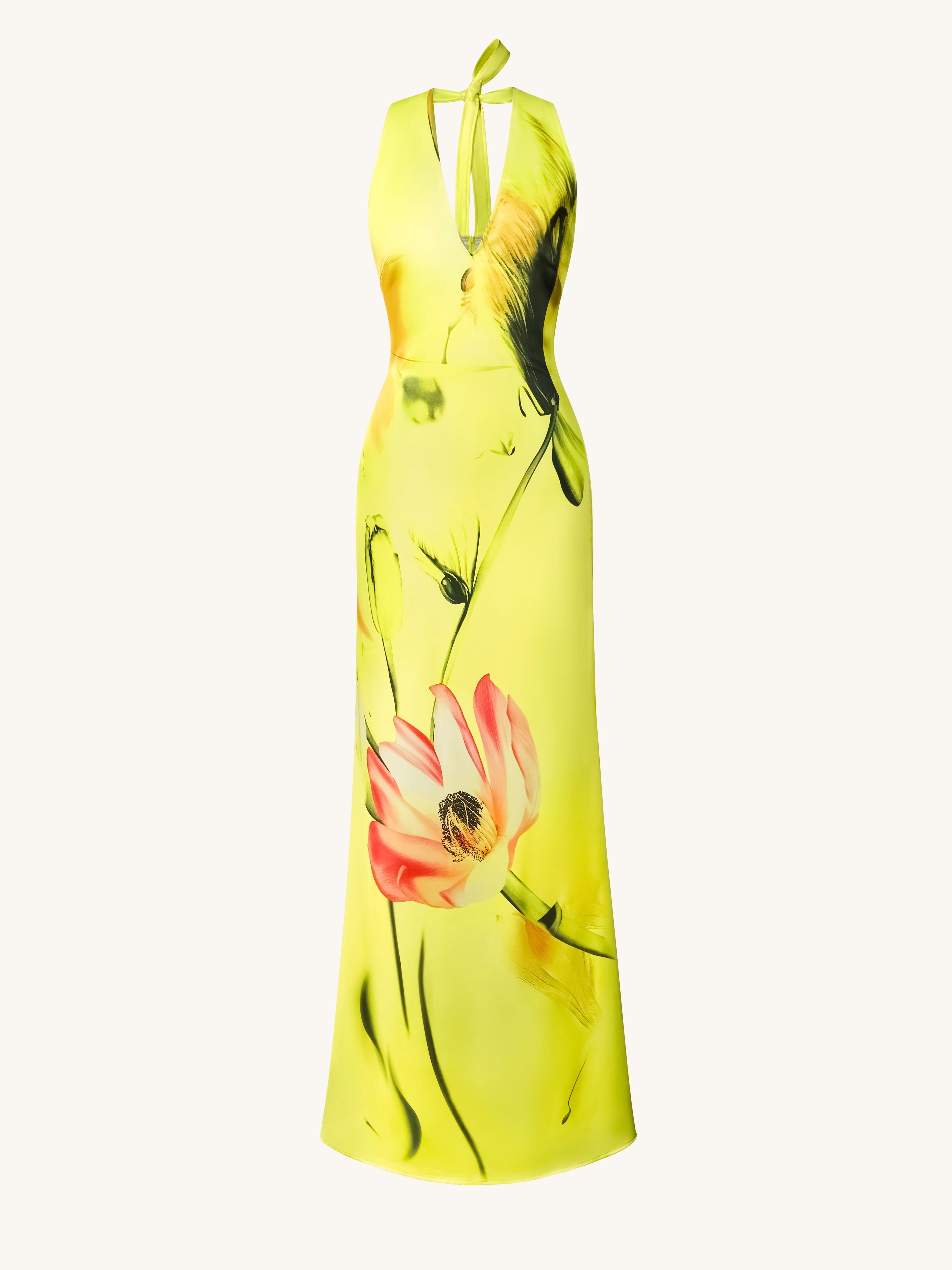 Floral Satin Halter Dress - Yellow/Pink - FASHION NOB