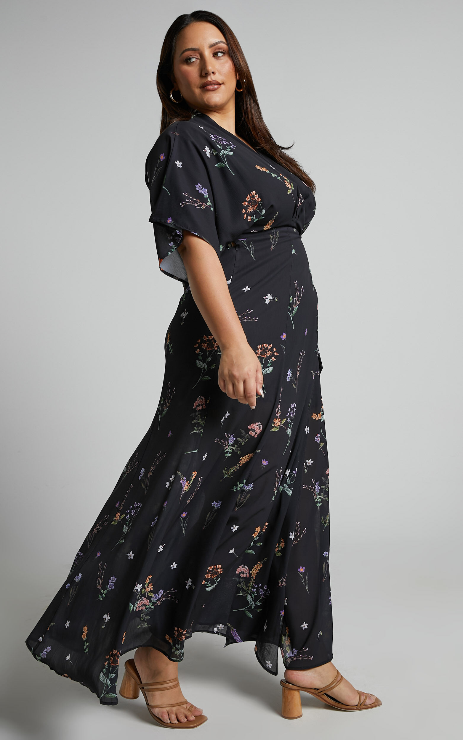 Erenza Maxi Dress - Extended Sleeve Wrap Dress in Black Flower Field