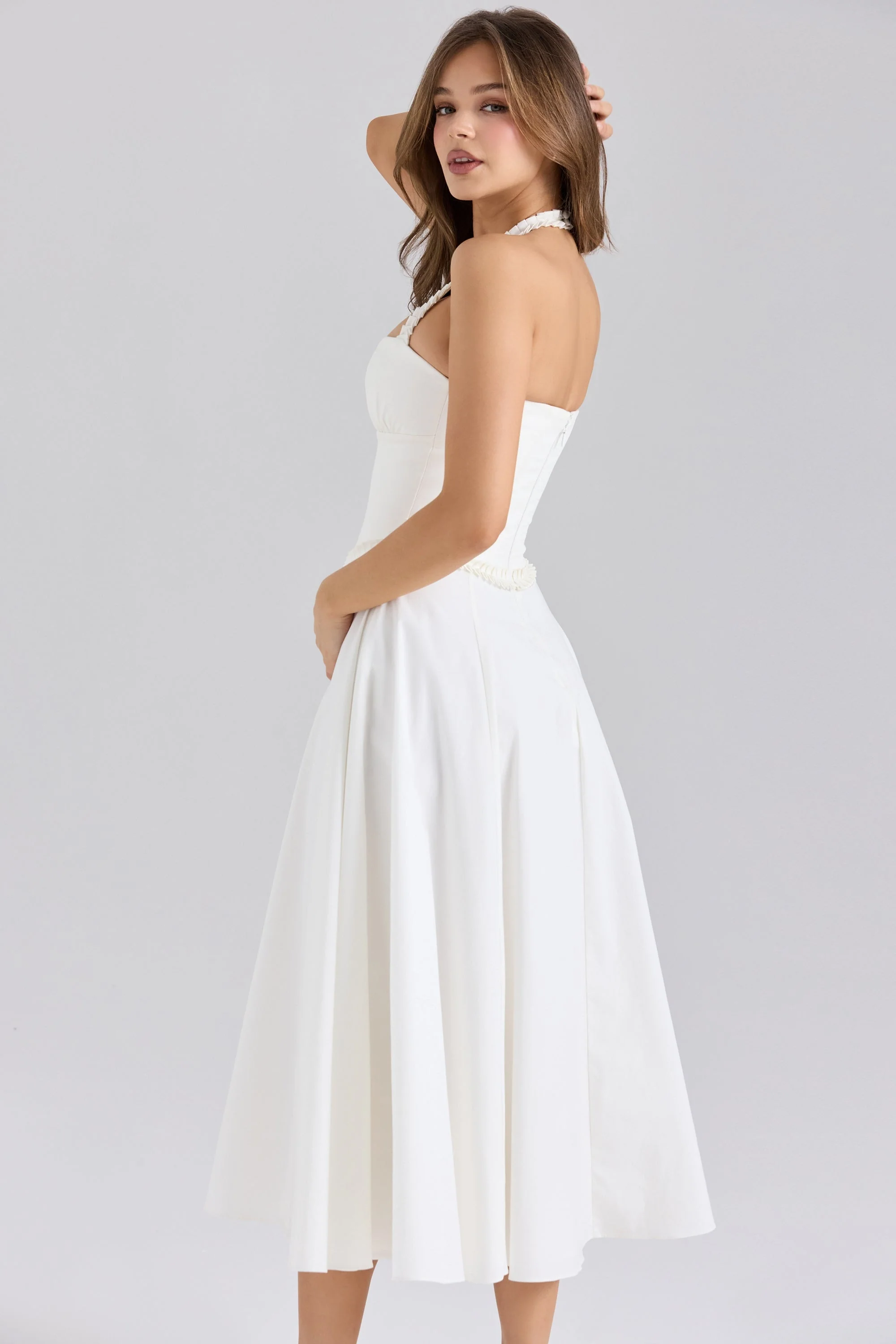 white stretch cotton halter neck midi dress