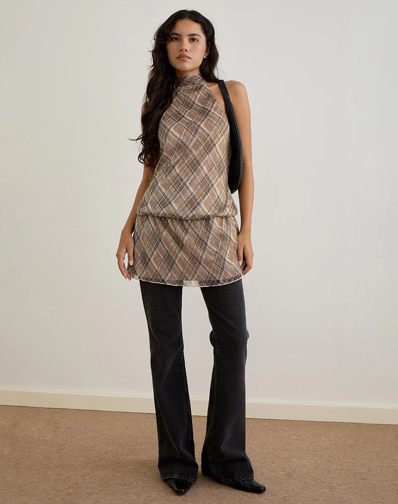 Briani Halterneck Dress in Check Plisse Brown