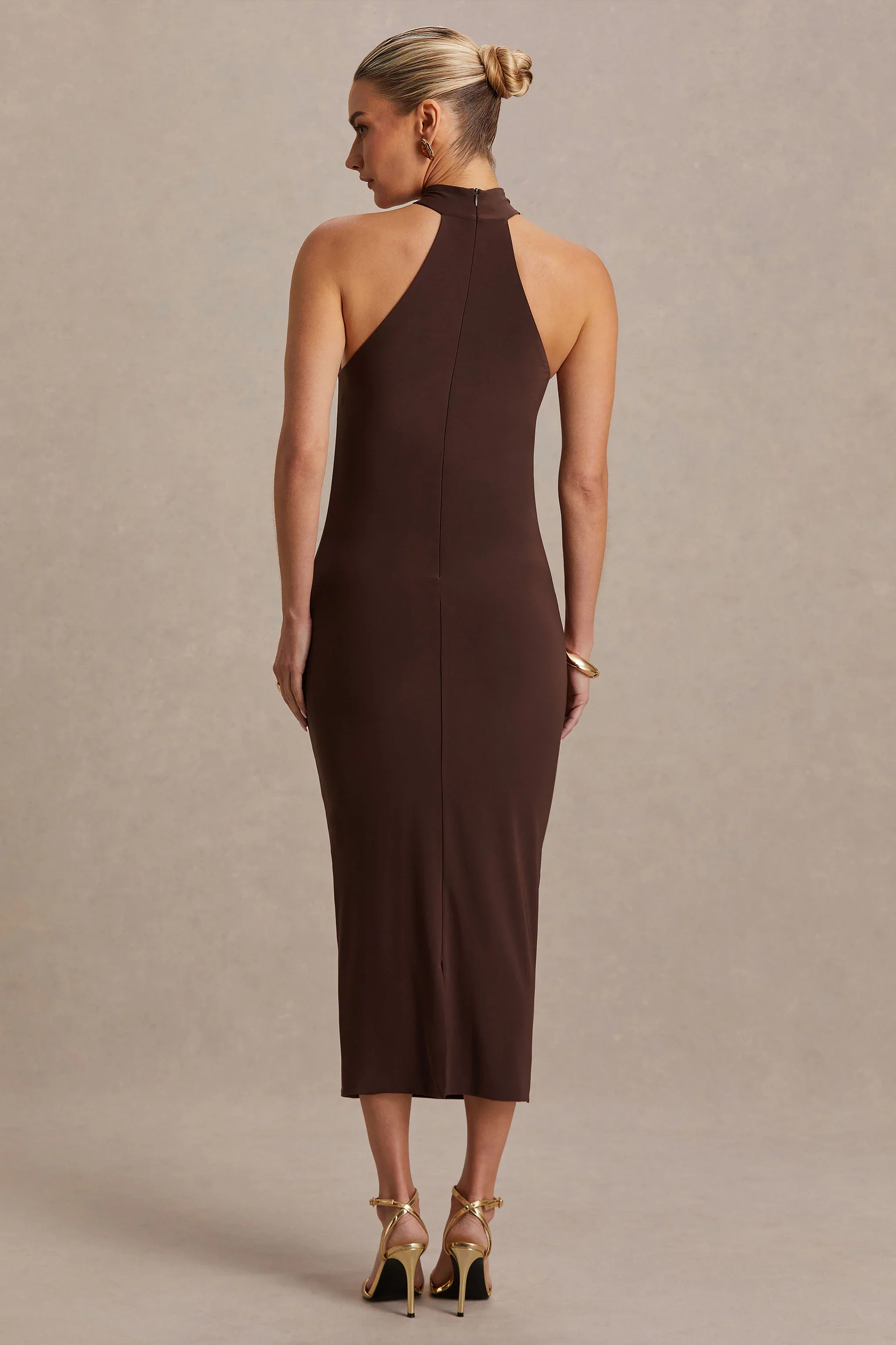 Mireille | Brown Halter-Neck Maternity Midi Dress