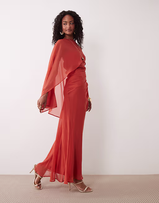 draped batwing asymmetric one sleeve maxi dress in orange