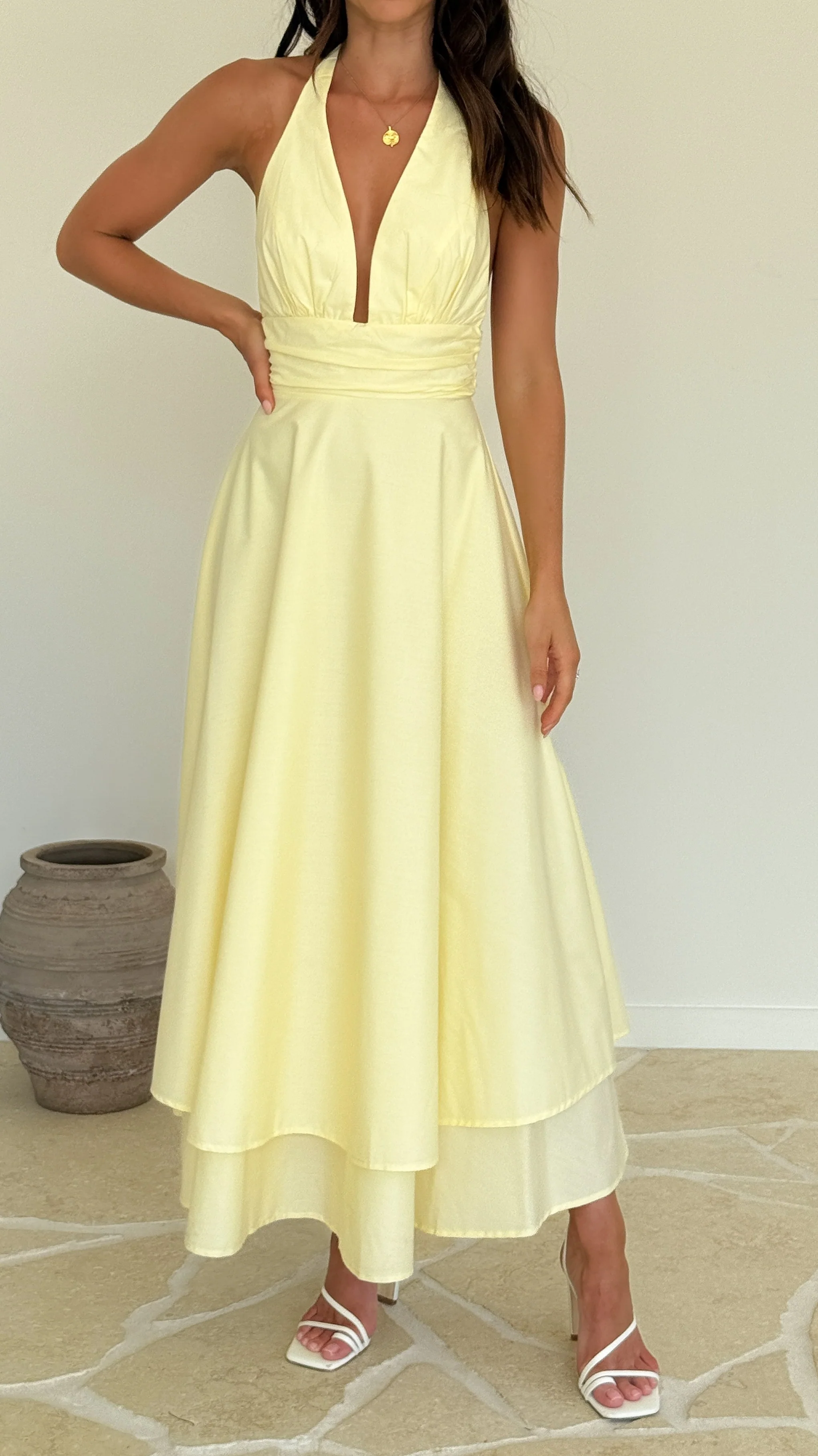 Kathy Halter Neck Maxi Dress - Lemon - luluinthesky