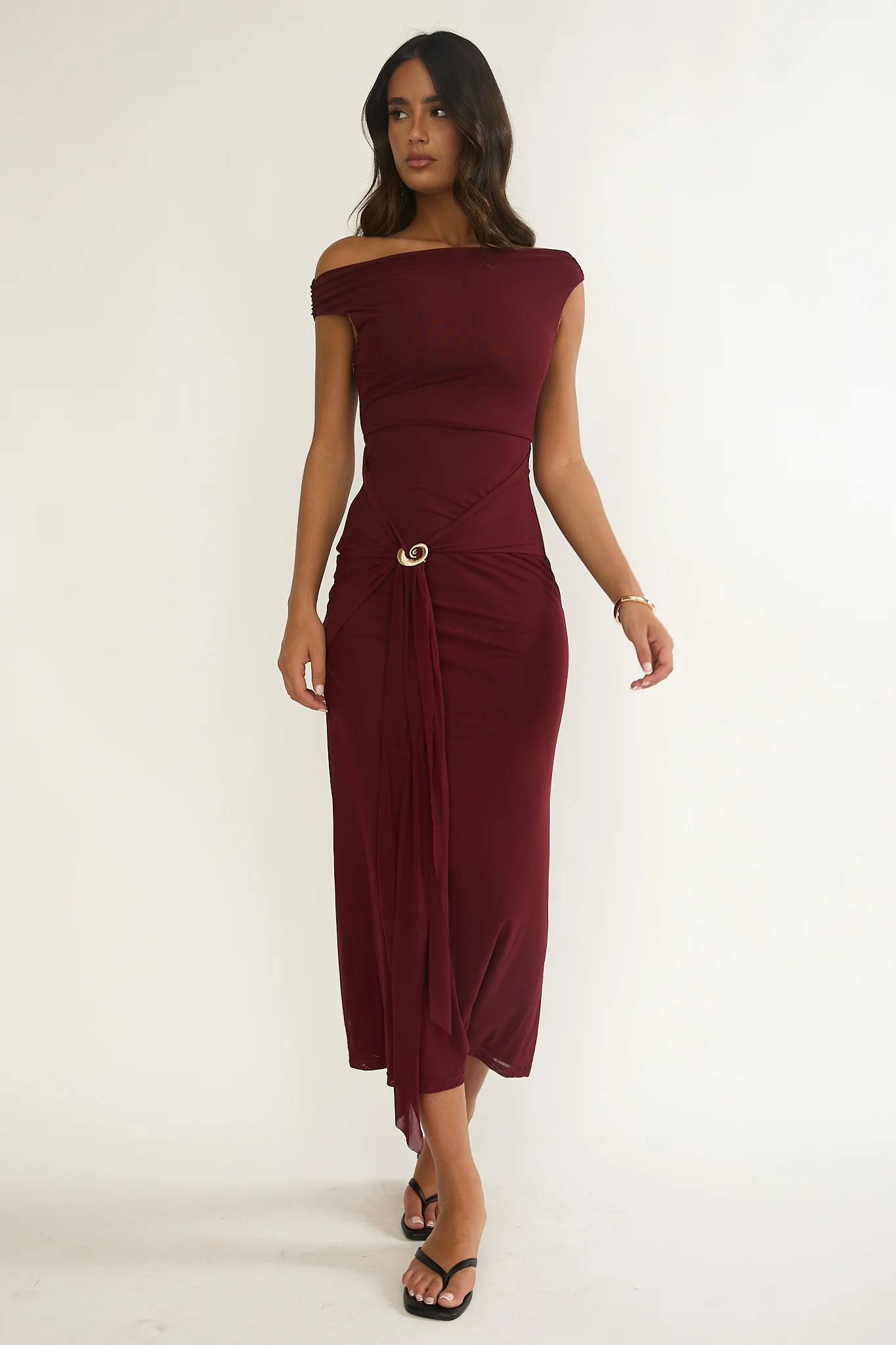 Lyssia Off-Shoulder Waist Sash Maxi Dress Cherry