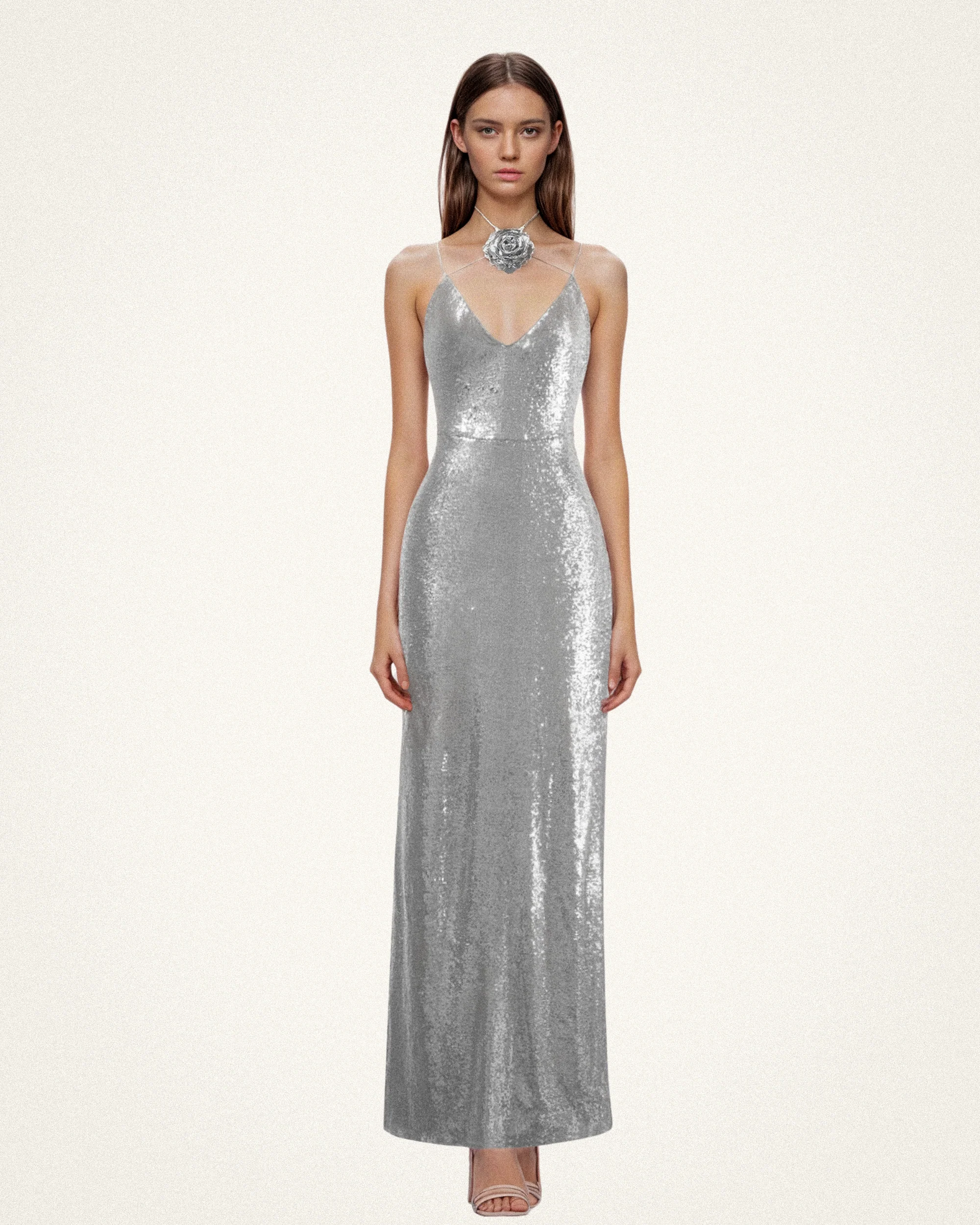 Heisey Silver Sequinned Rosette Maxi Dress - Silver - FASHION NOB