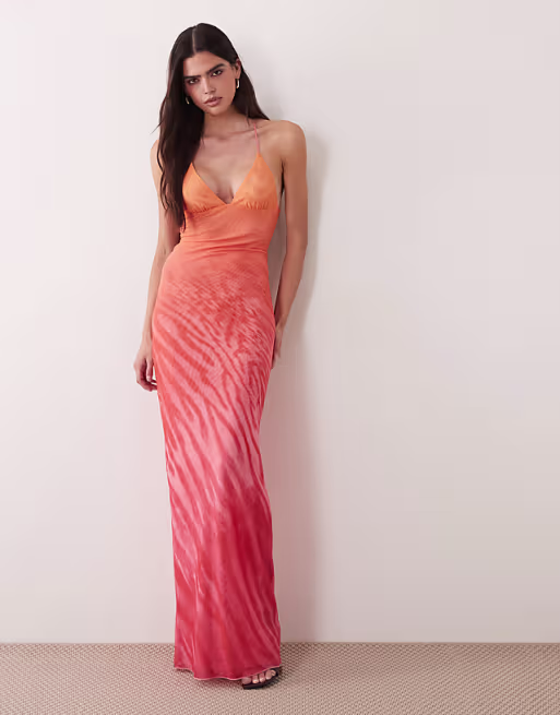 I.AM.GIA Ellery cami open back butterfly detail maxi dress in pink and orange ombre animal print