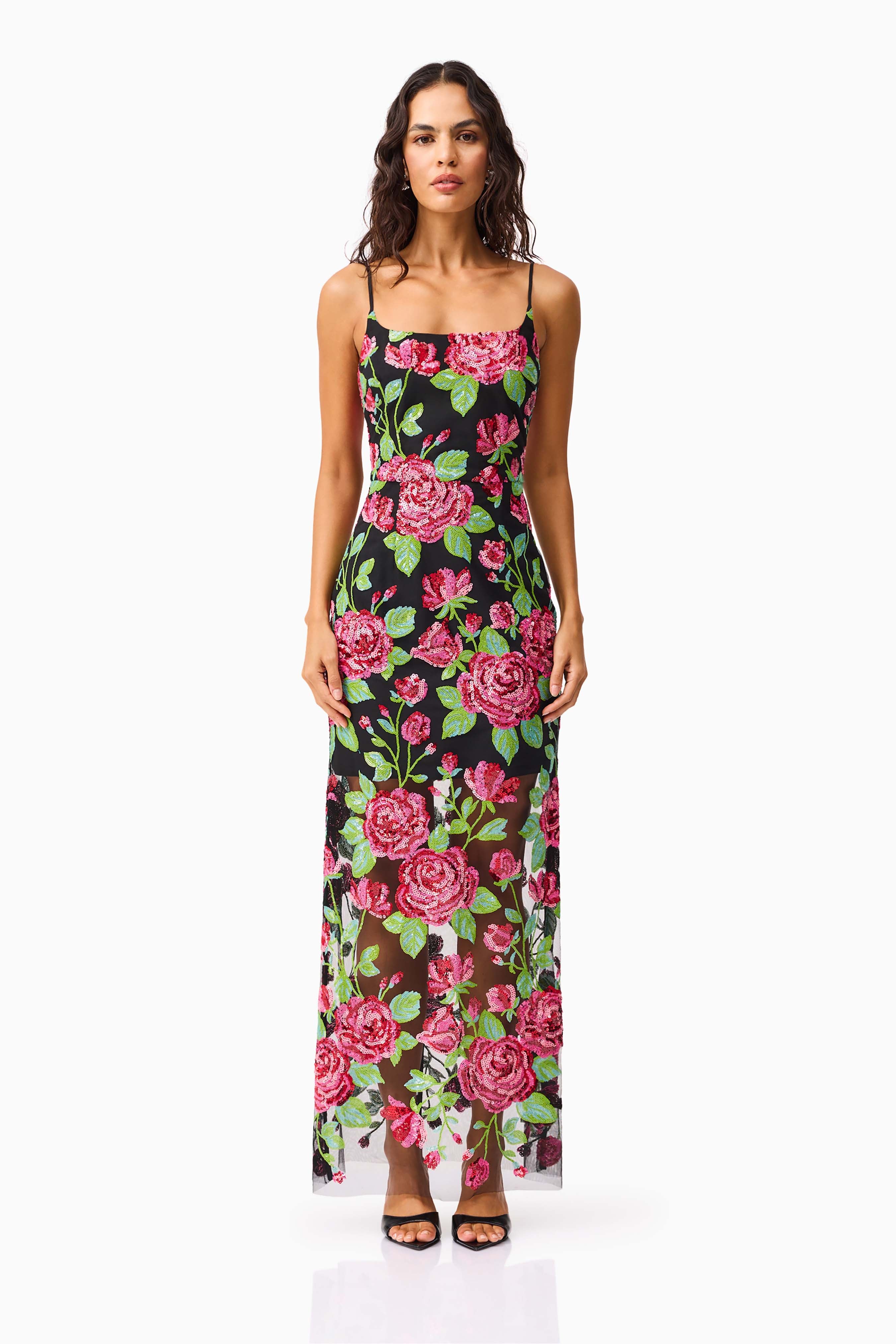 Lyra Sequin Gown in Pink & Green Floral