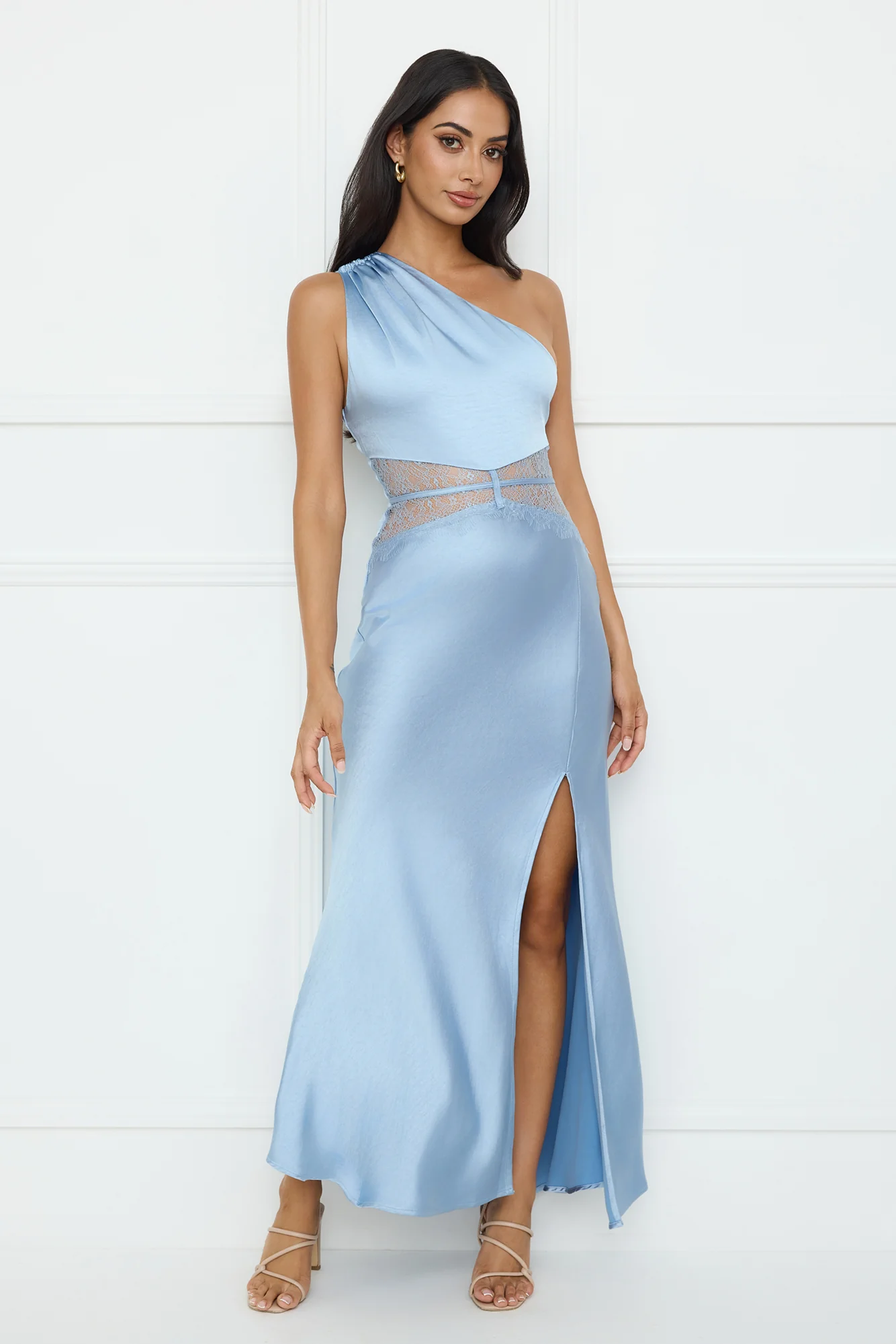 Show You Love One Shoulder Satin Maxi Dress Blue