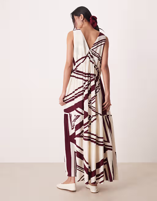 v neck trapeze tiered maxi dress in chocolate and cream stripe
