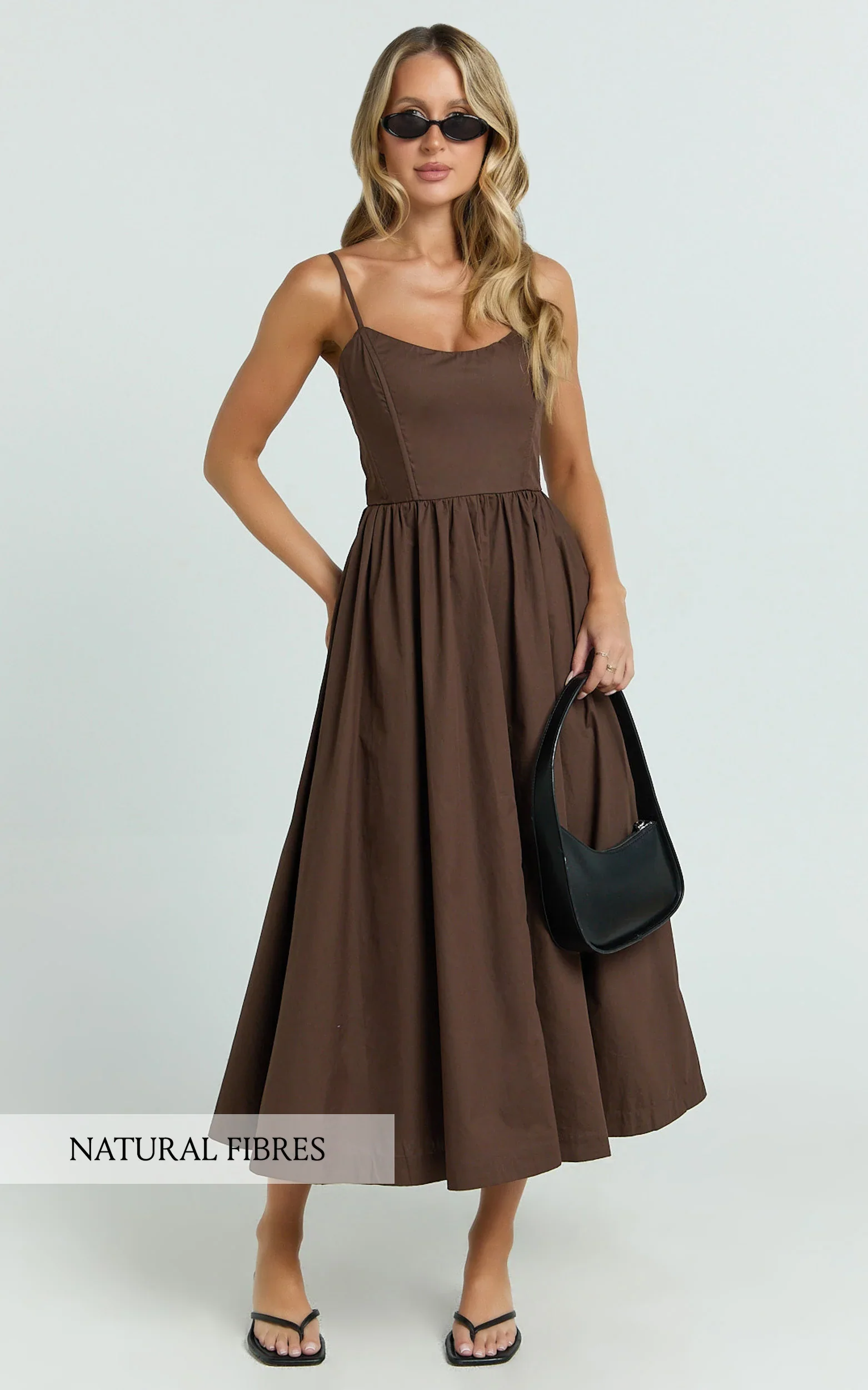 Braelyn Midi Dress - Scoop Neck Flare Dress in Chocolate