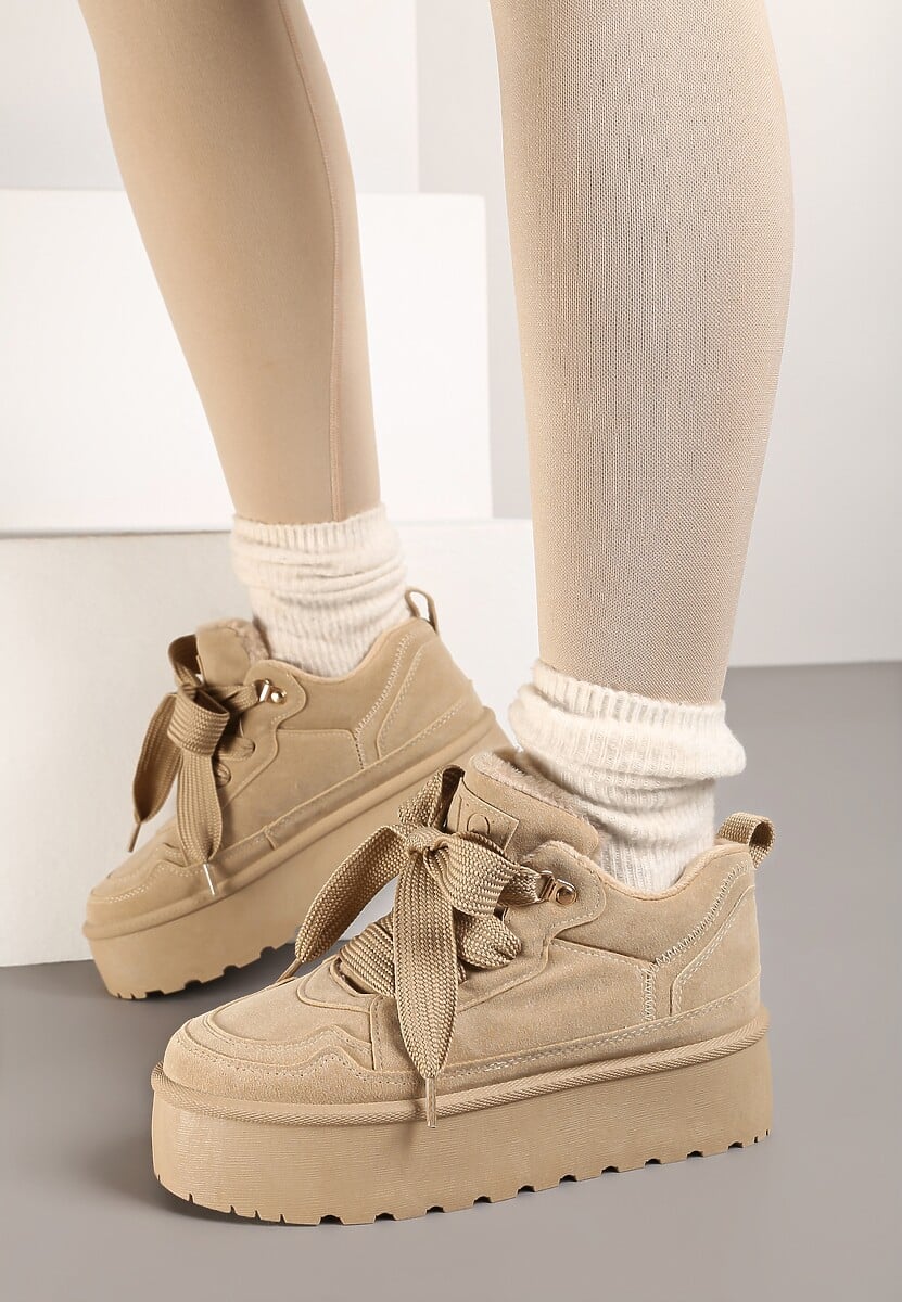 Ciemnobeżowe Sneakersy Vices na Platformie Obszyte Futerkiem Naleris