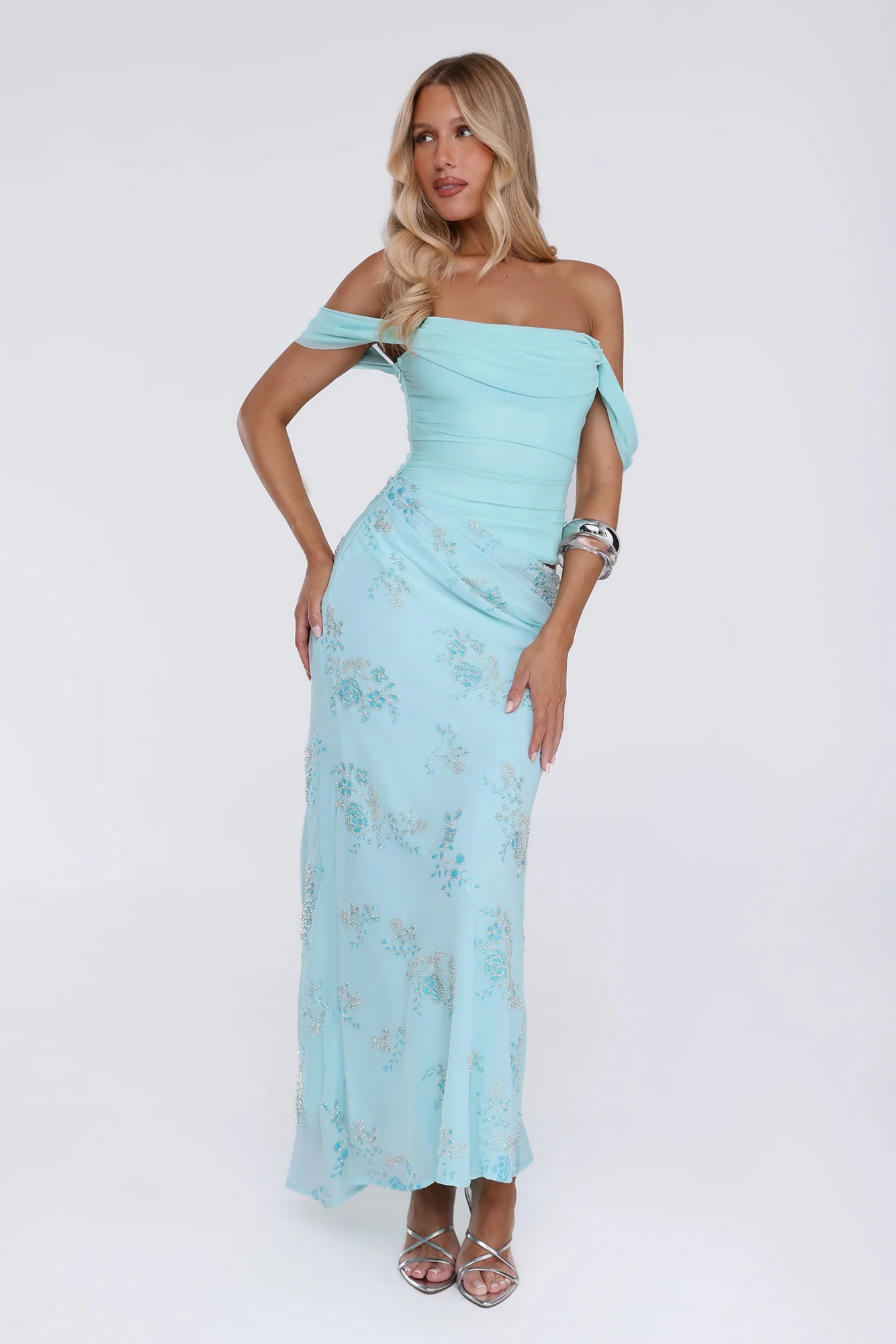 Pretty Glow Up Off Shoulder Maxi Dress Blue