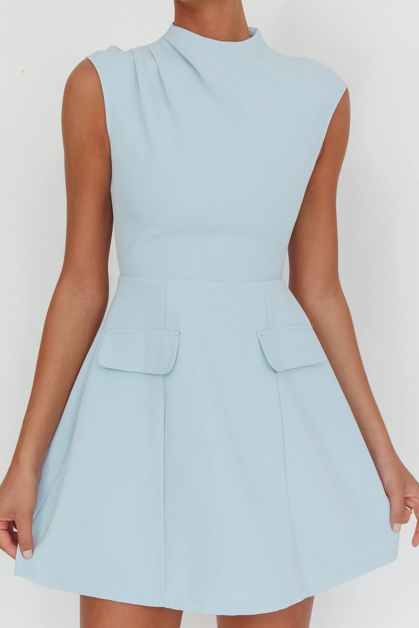 Thandi Pleat Shoulder Faux Pocket Mini Dress Steel Blue