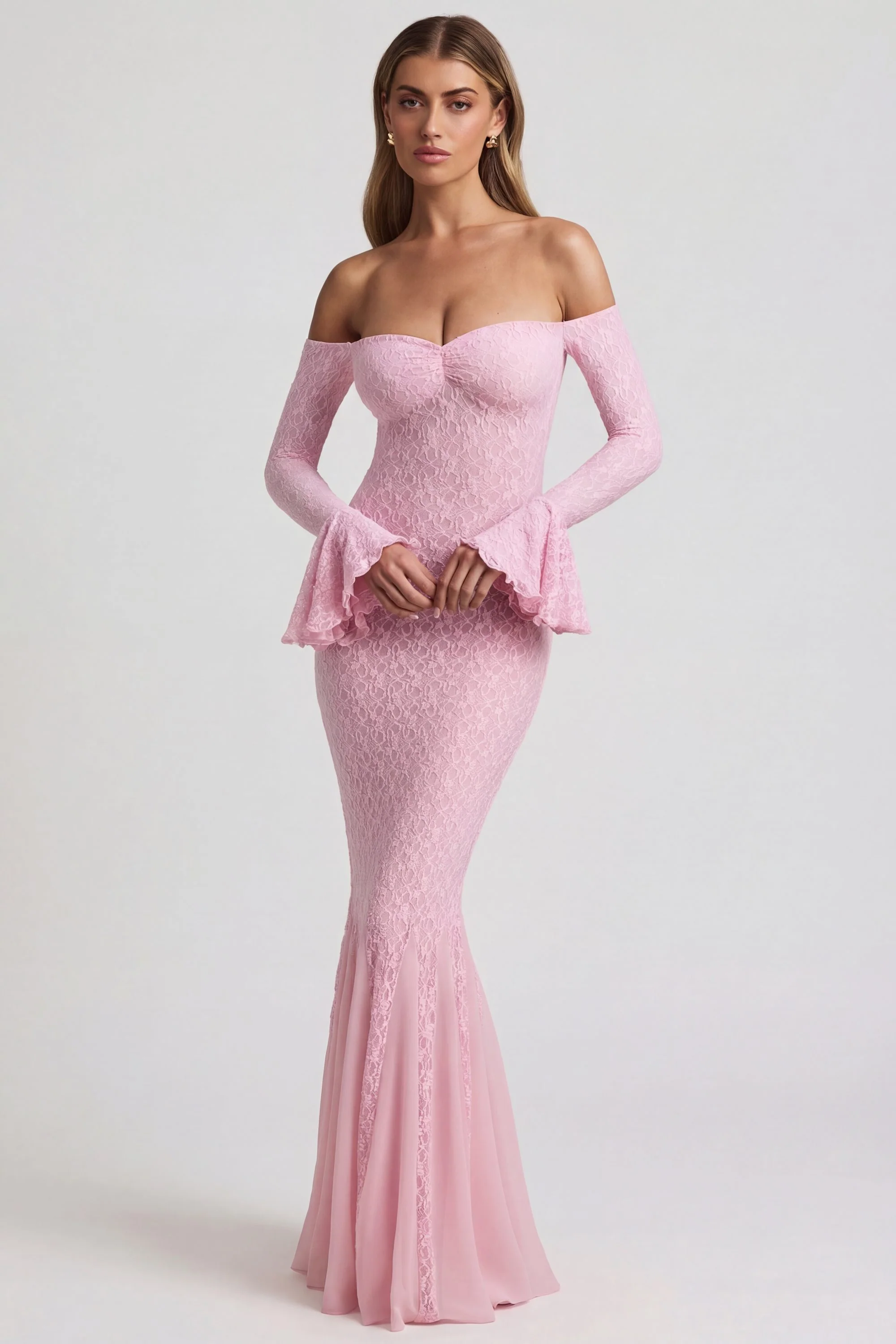 Off-Shoulder Ruffle Lace Maxi Dress in Soft Pink