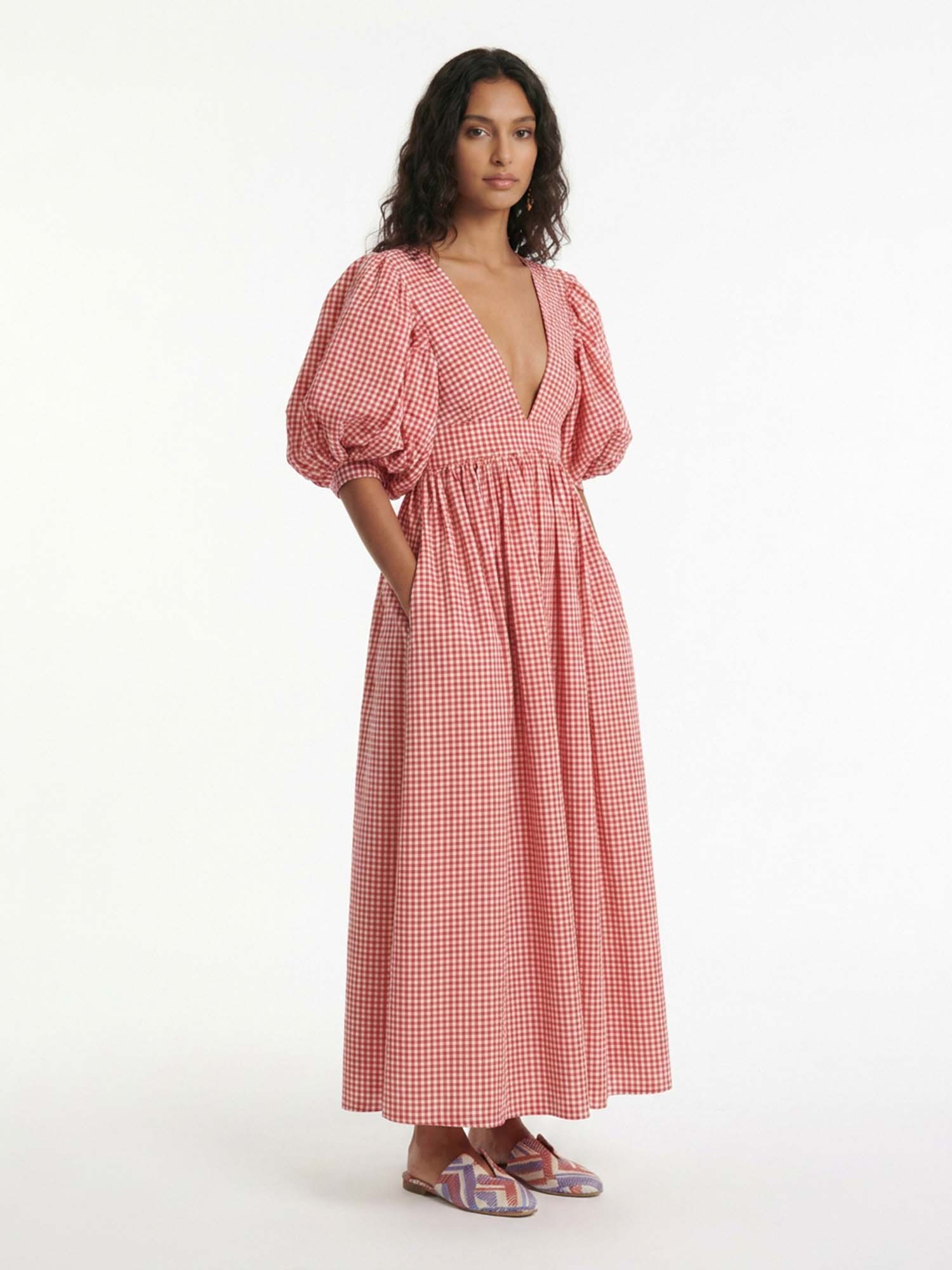 Red Gingham Puff Sleeve Maxi Dress