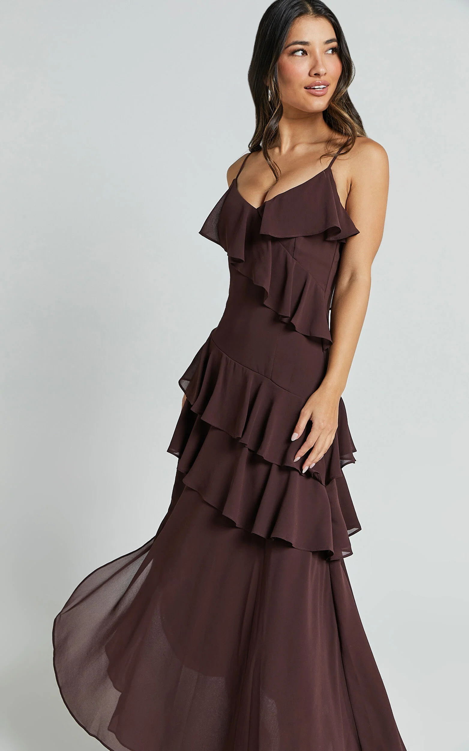 Emily Midi Dress - Strappy Asymmetric Ruffle Dress in Chocolate