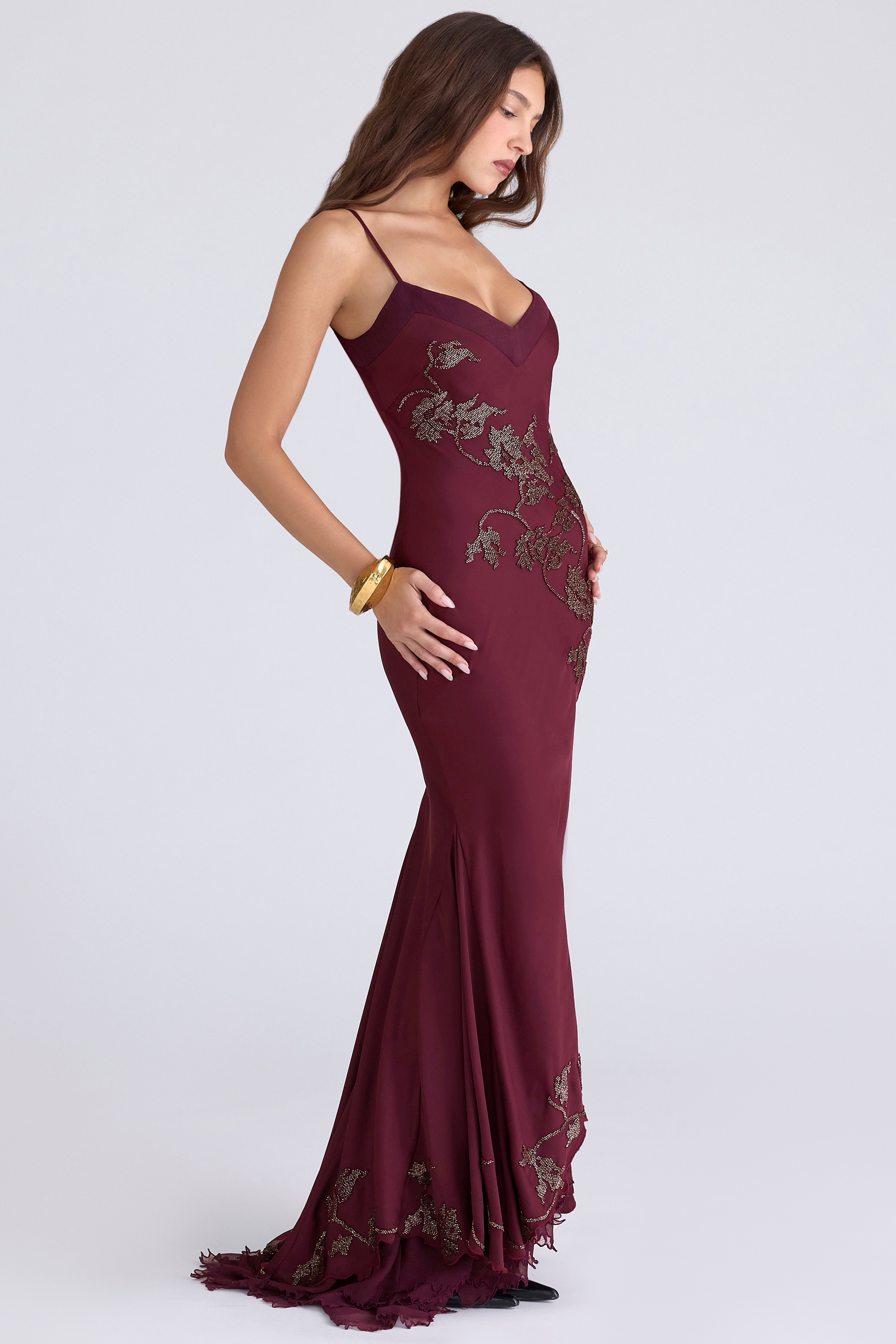 plum hand beaded embellished satin maxi gown - limited edition