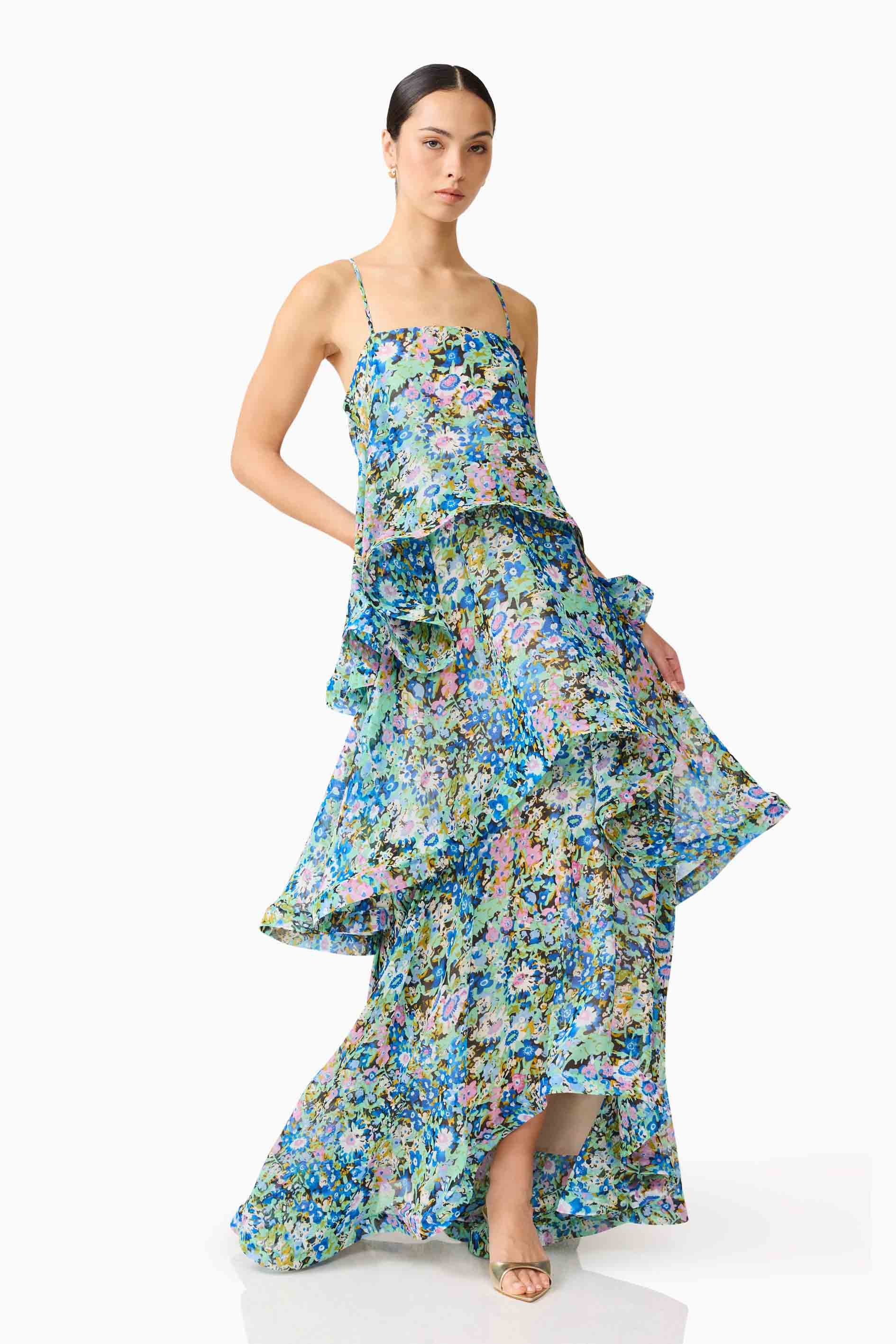 Armani Tiered Maxi Dress In Blue Floral