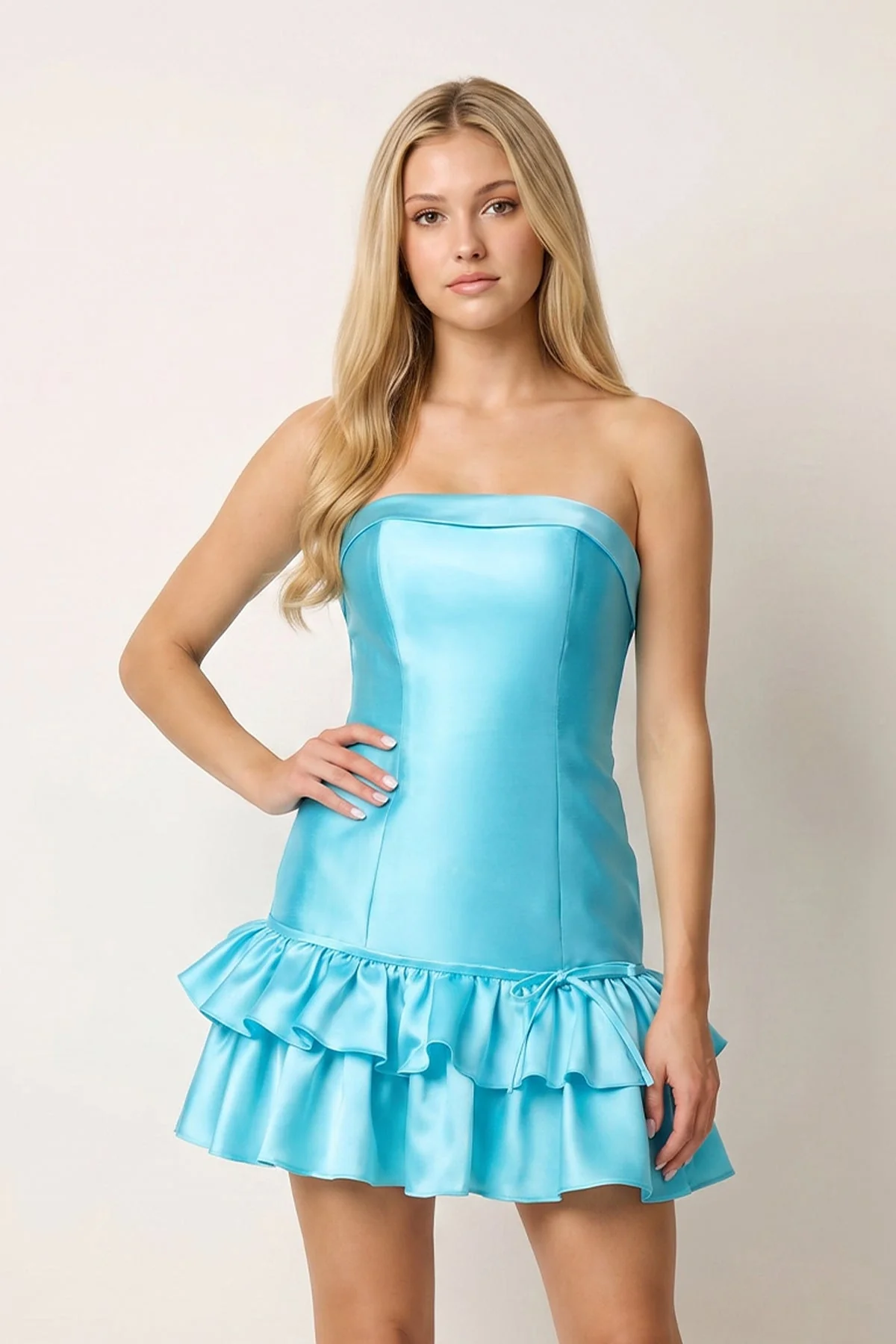 Turquoise Ruffled Strapless Tiered A-Line Satin Homecoming Dress
