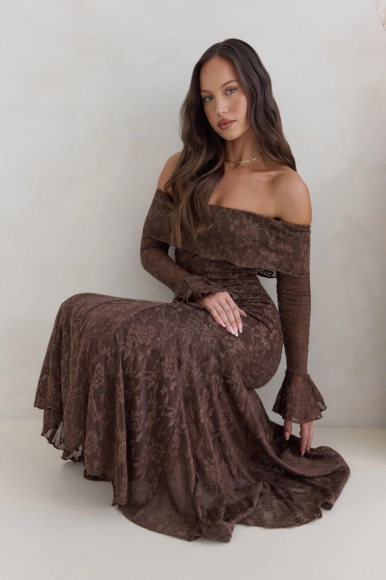 Here For Love Off Shoulder Mesh Maxi Dress Chocolate