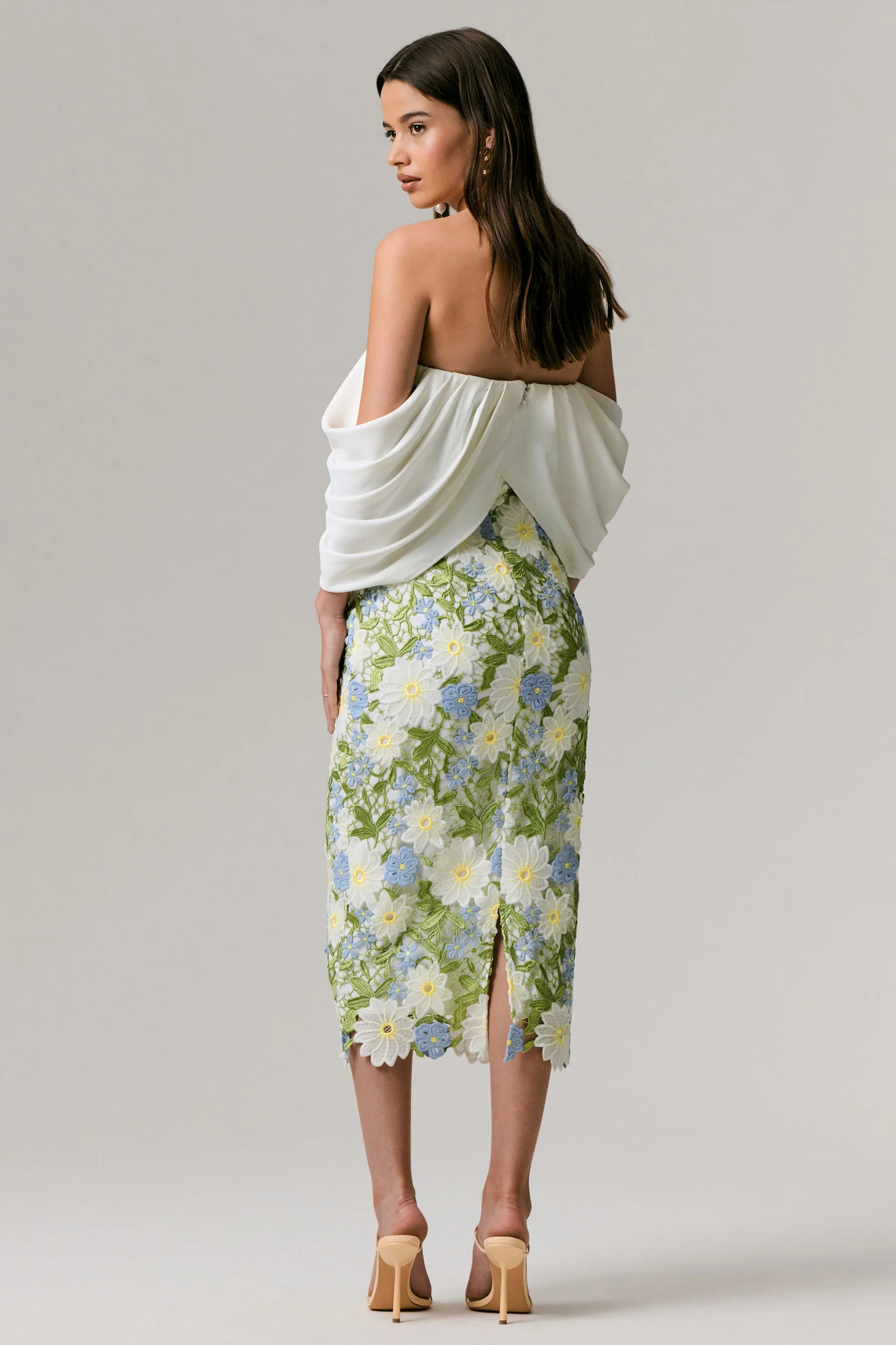 Entitled | Cream Floral Lace Bardot Midi Dress