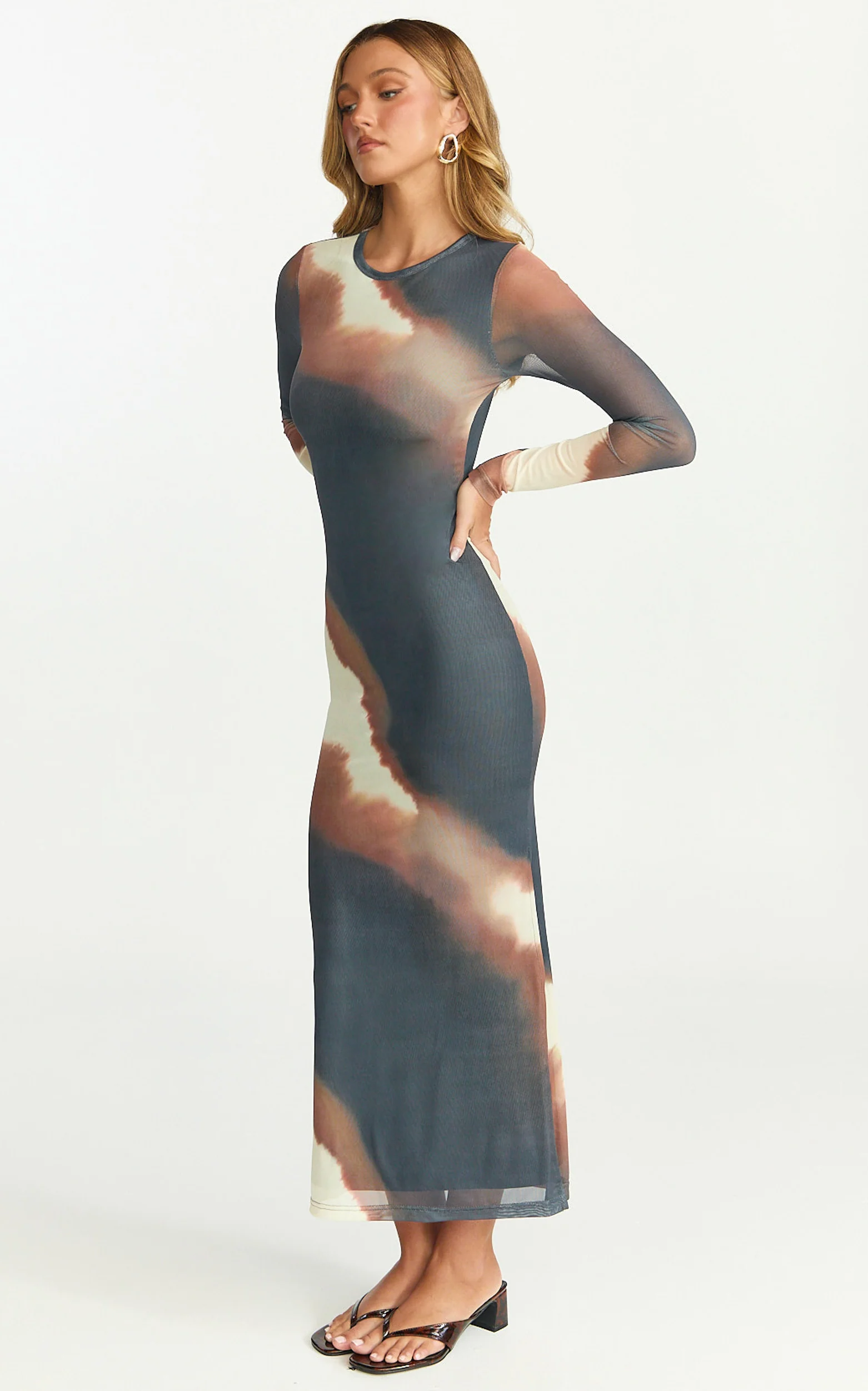 Margot Maxi Dress - High Neck Long Sleeve Mesh Dress in Rust Print