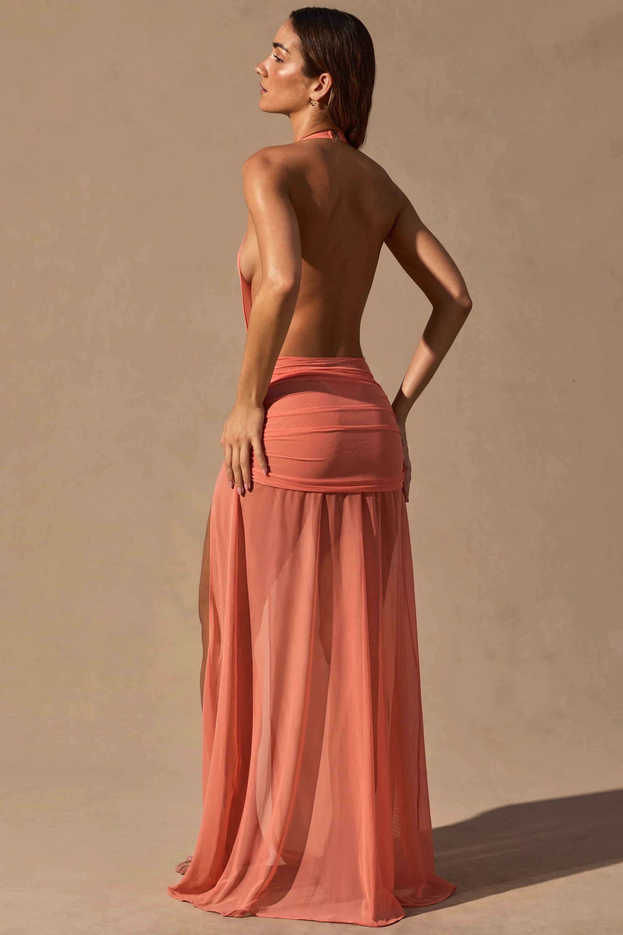 Cowl-Neck Plunge Maxi Dress in Coral
