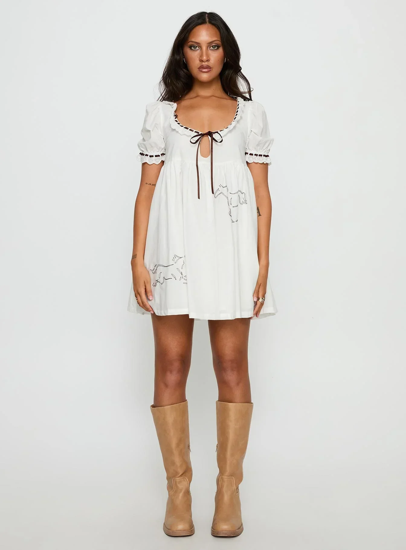 Cloudy Babydoll Contrast Trim Mini Dress White