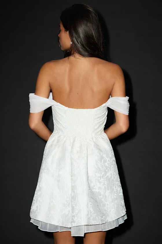 Kalara White Jacquard Off-the-Shoulder Mini Dress