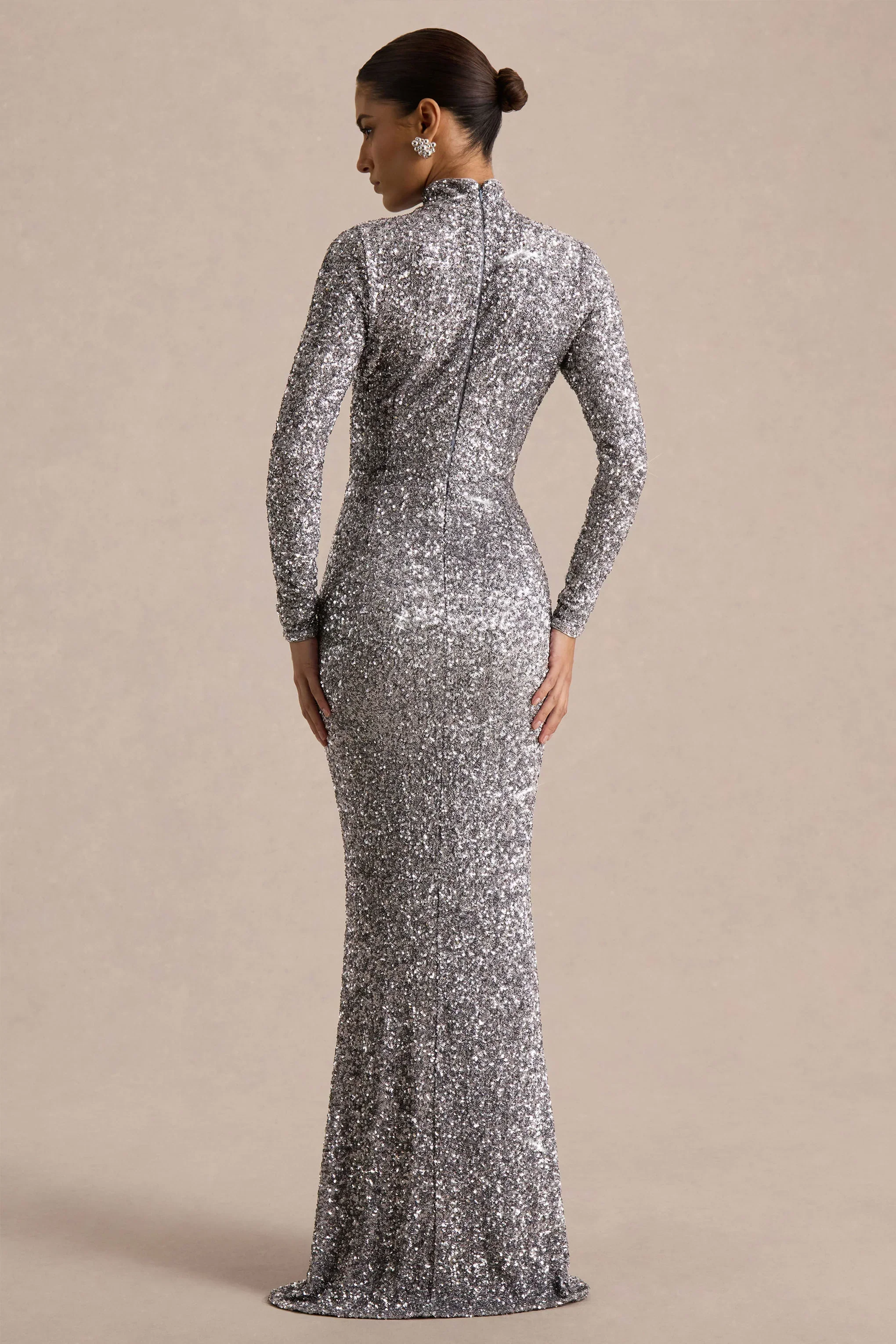 Galaxy | Silver Sequin Turtle-Neck Long-Sleeve Maxi Dress