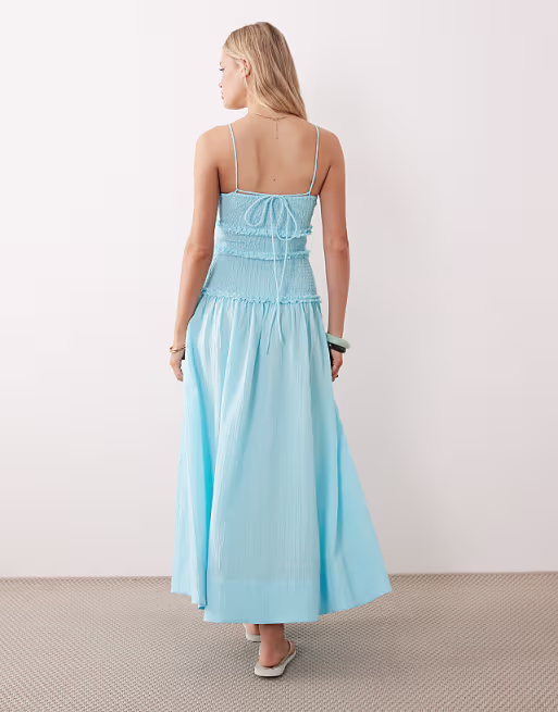 crinkle maxi sundress with shirred dropped waist in tropical turquoise