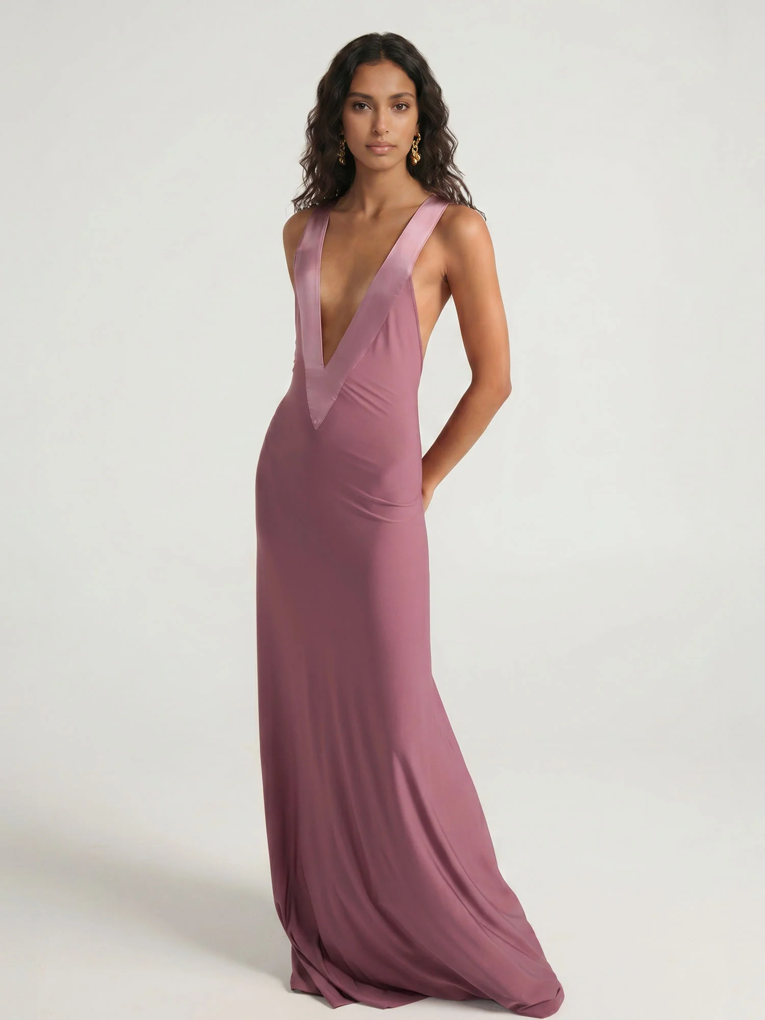 Mauve Plunge Halter Maxi Dress