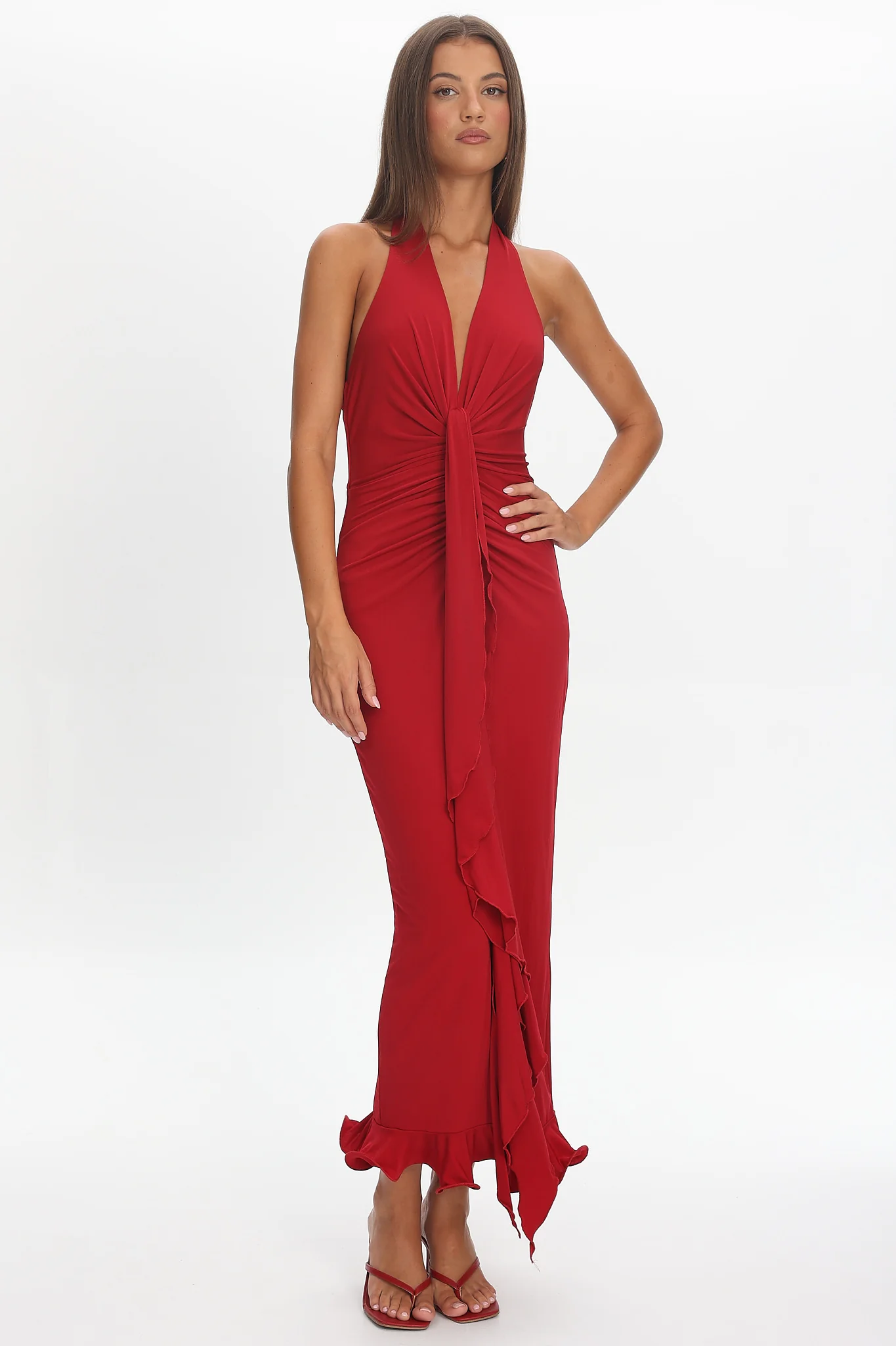 Ray Of Light Ruched Halterneck Maxi Dress Wine - luluinthesky