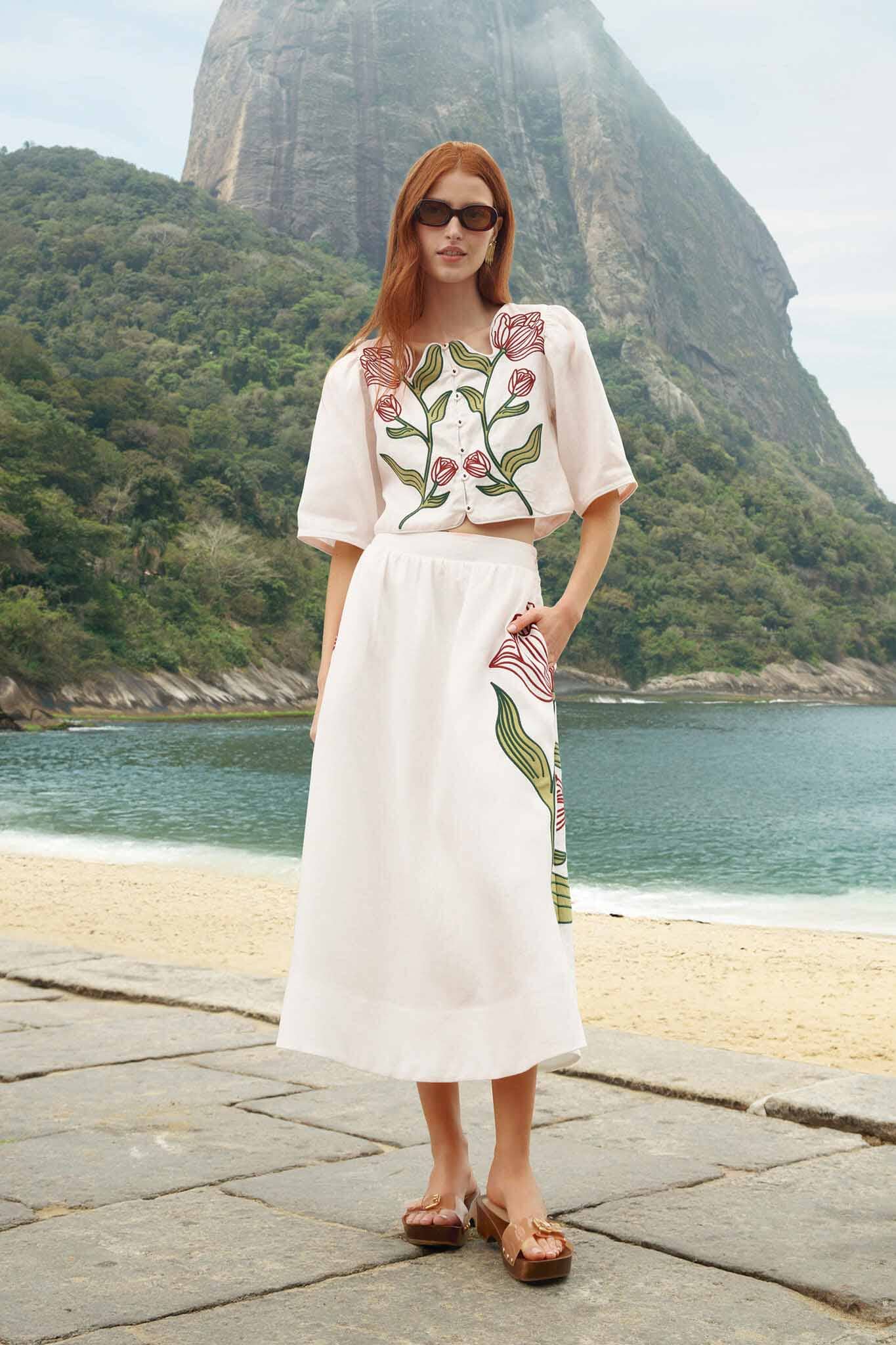 FARM Rio Off-White Flower Embroidered  Midi Skirt