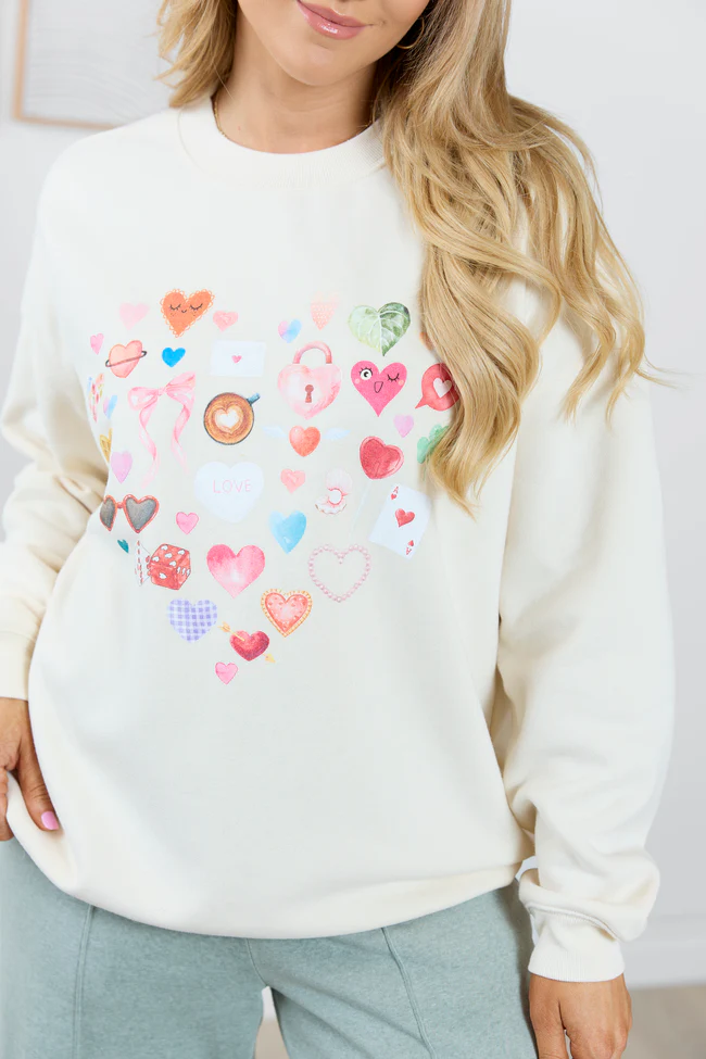 Heart Icons Cream Graphic Sweatshirt