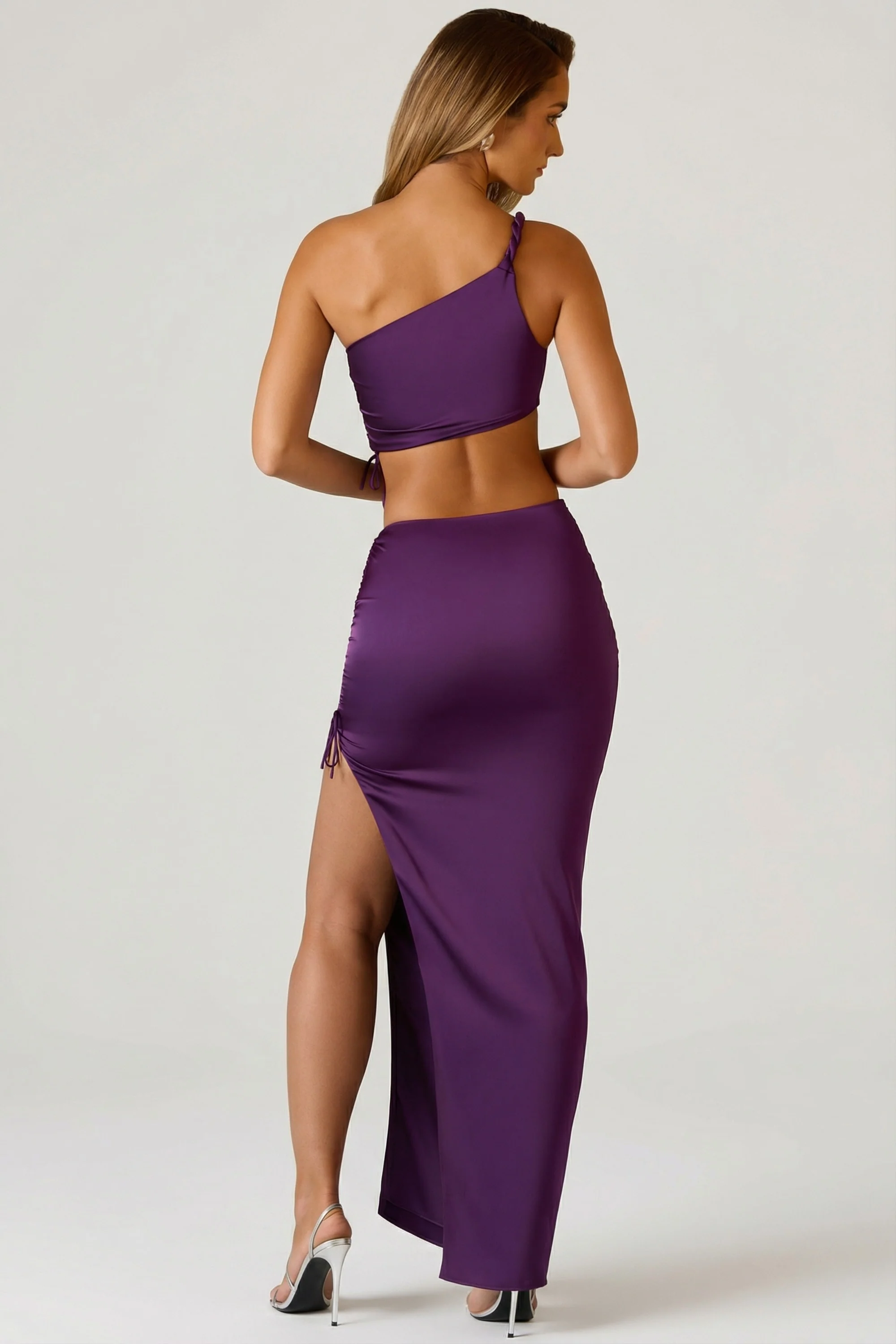 Ruched Asymmetric-Waist Maxi Skirt in Plum