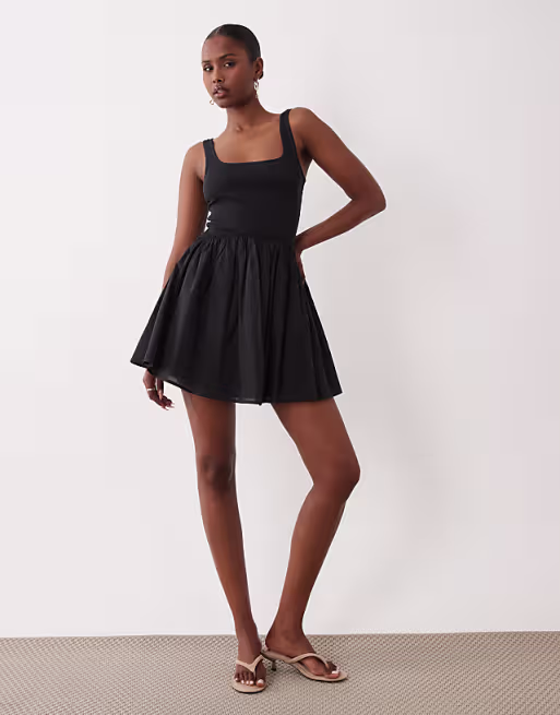 scoop ribbed bodice with poplin skirt mini dress in black