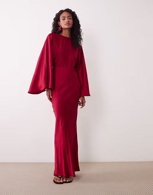 matte satin batwing bias waisted maxi dress in red