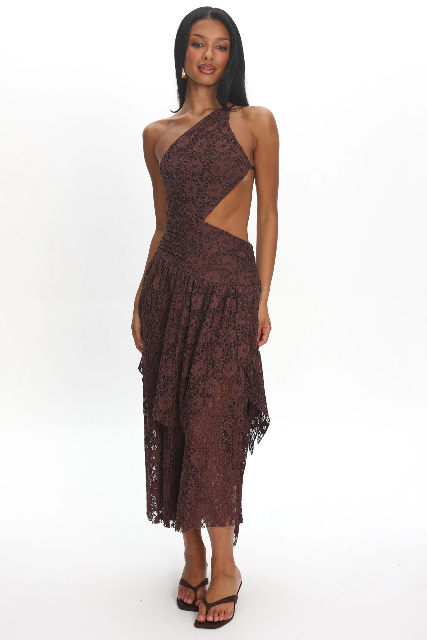 Call Back Cut-Out Waist Midi Dress Lace Chocolate - luluinthesky