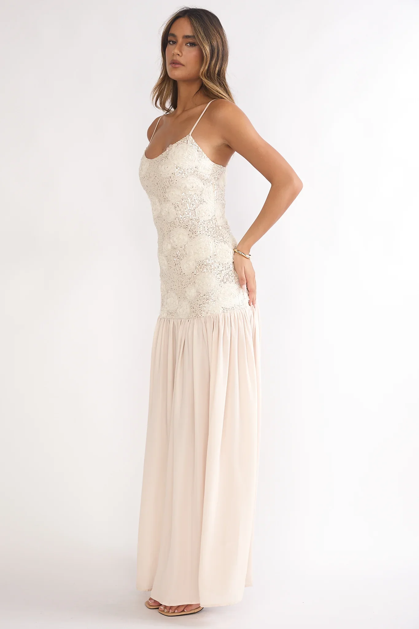 Opheliane Drop Waist Sequin Maxi Dress Champagne - luluinthesky