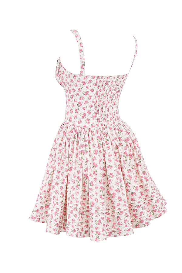 White Rosebud Print Cotton Mini Dress