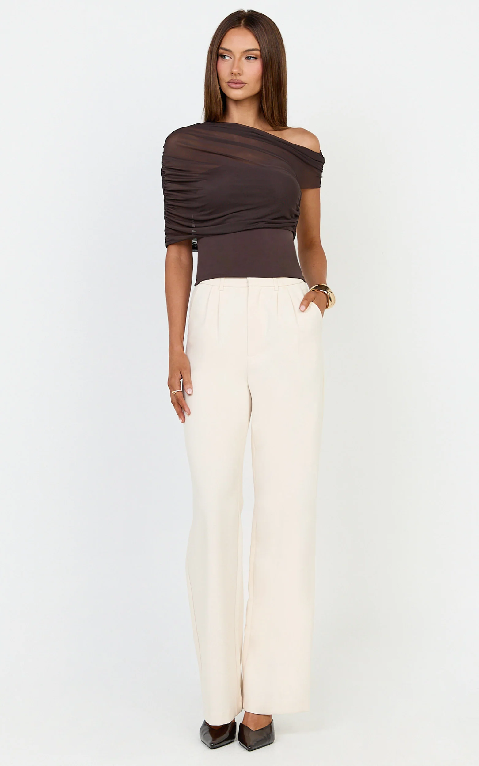 Sophia Top - Draped One Shoulder Mesh Overlay Top in Chocolate