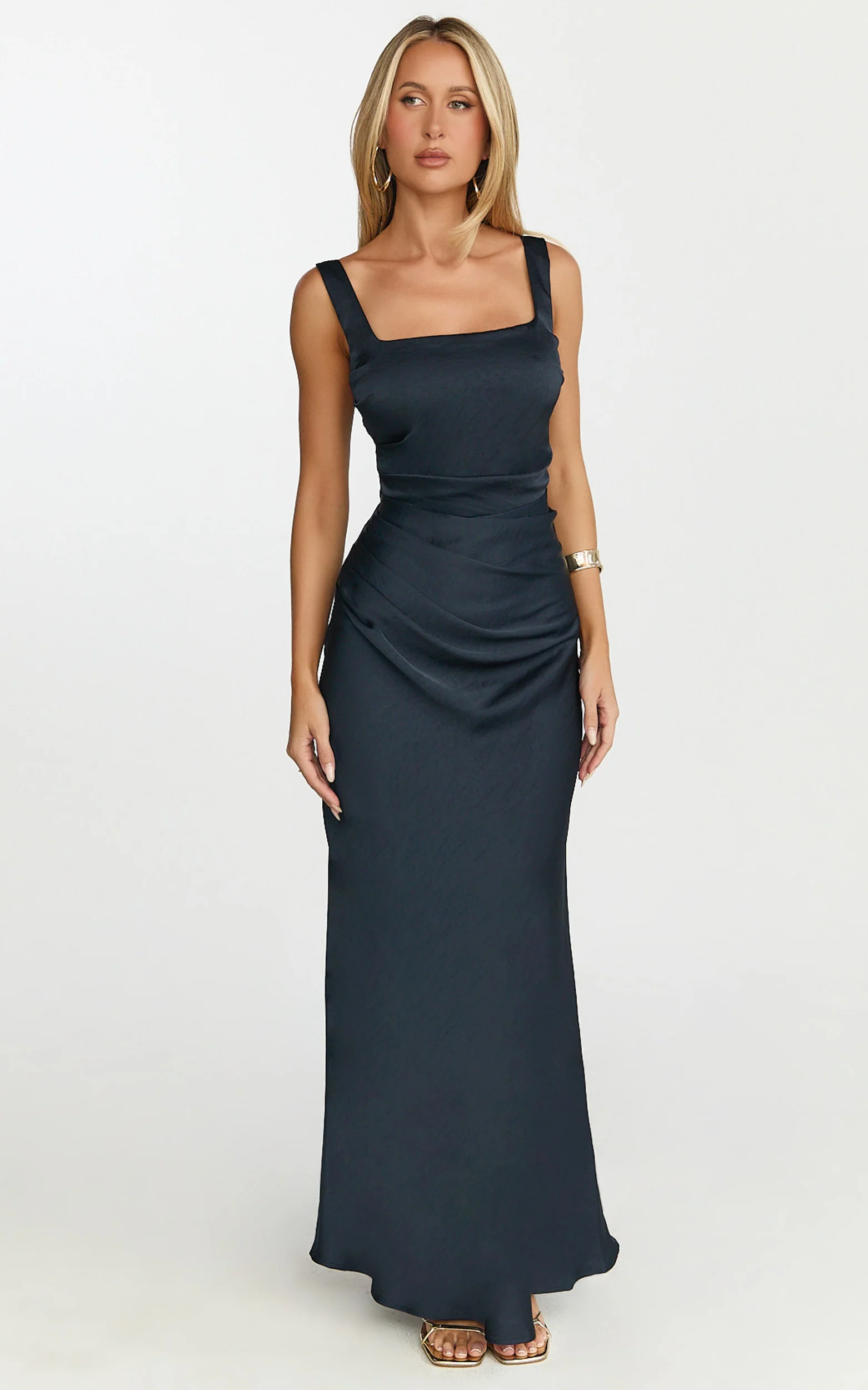 Rumi Midi Dress - Rushed Bodiest Satin Dress in Navy