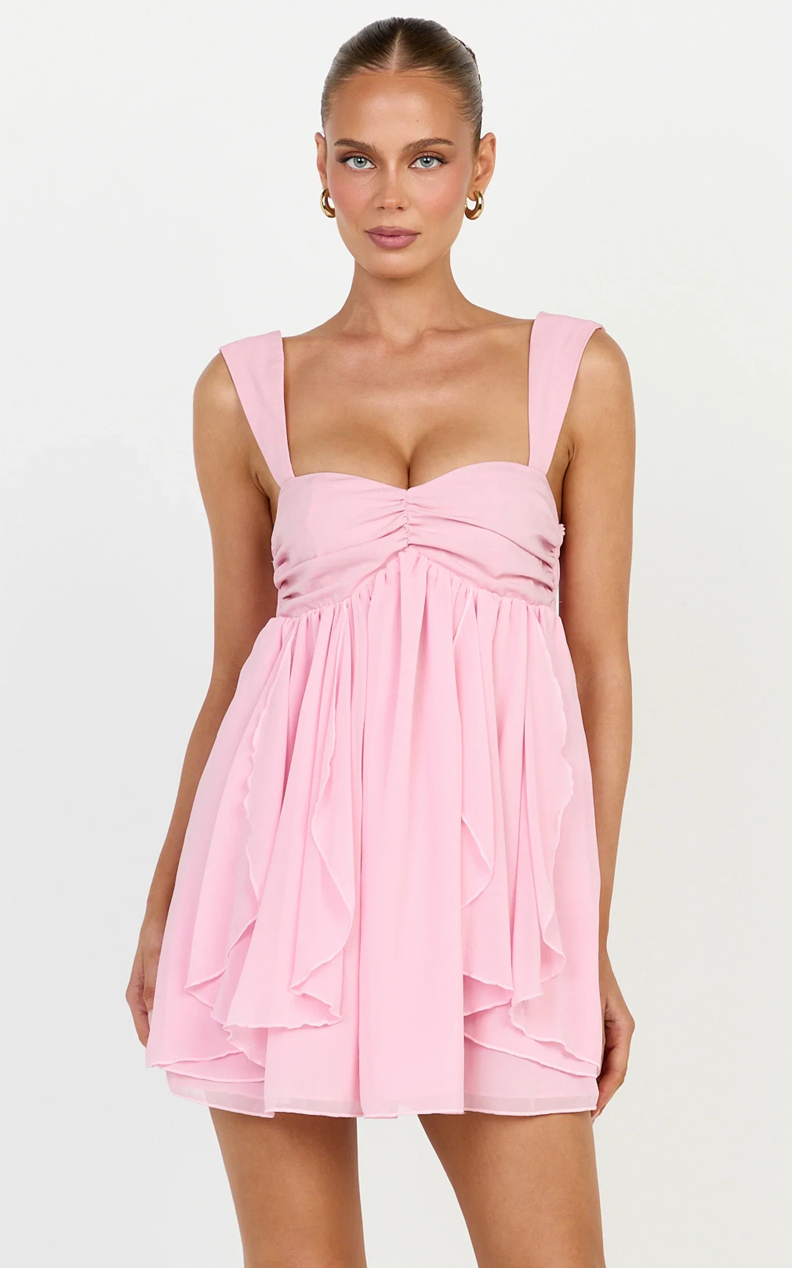 Juliette Mini Dress - Ruffle Fit And Flare Dress in Pink