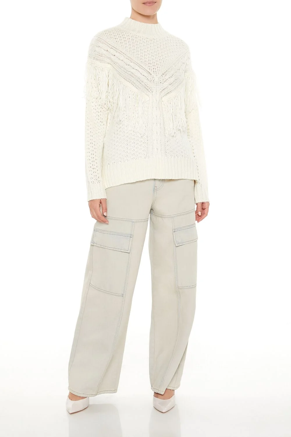 Fringe-Trim Mock Neck Sweater