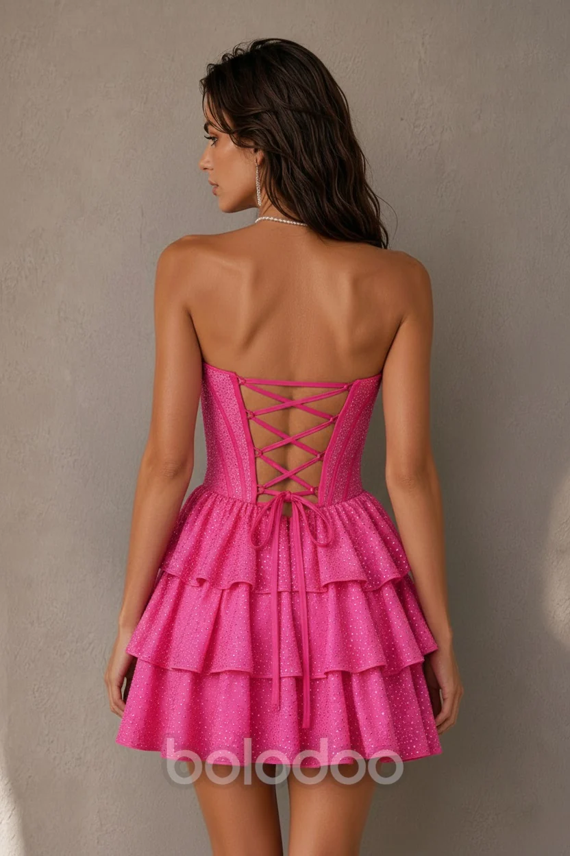 BOLODOO Hot Pink Rhinestone Strapless Corset Tiered Ruffle Lace-Up Back Homecoming Mini Dress