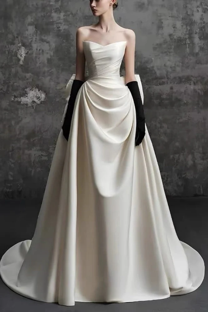 A-Line Sweep-Brush Train Satin Wedding Dress 814546469493